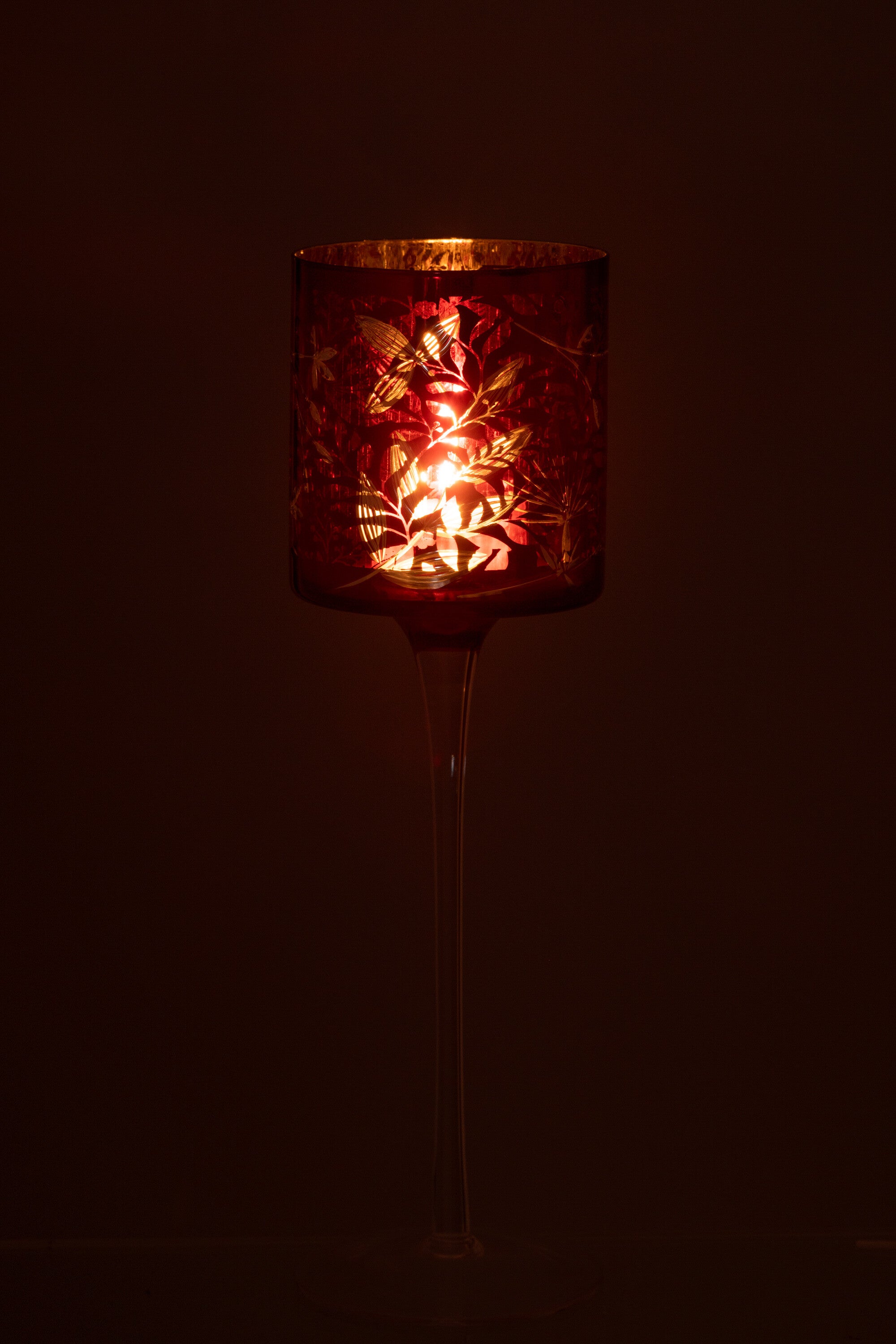 Theelichthouder Op Voet Bladeren Glas Rood/Antiek Goud Groot