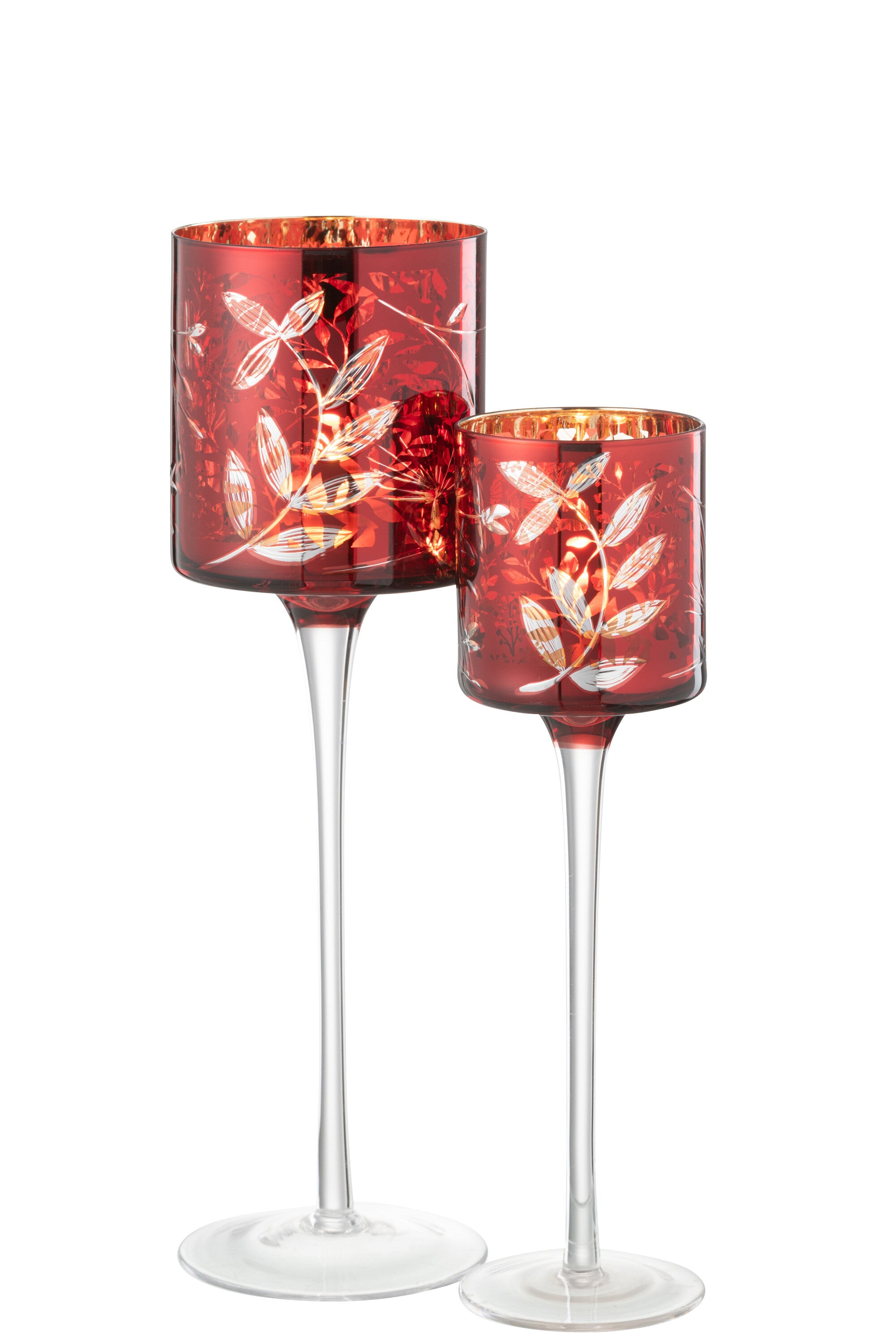 Theelichthouder Op Voet Bladeren Glas Rood/Antiek Goud Groot