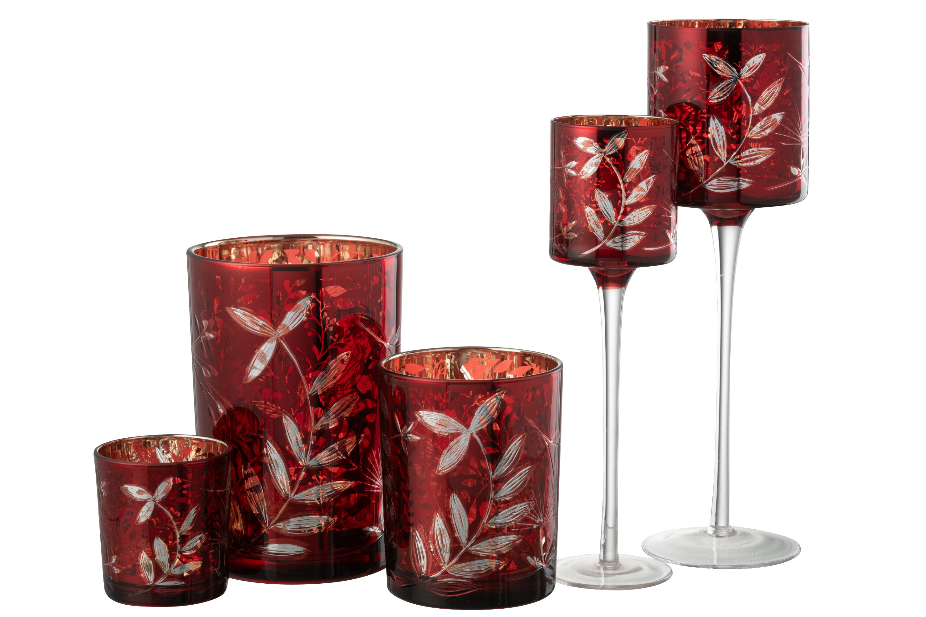 Theelichthouder Op Voet Bladeren Glas Rood/Antiek Goud Groot