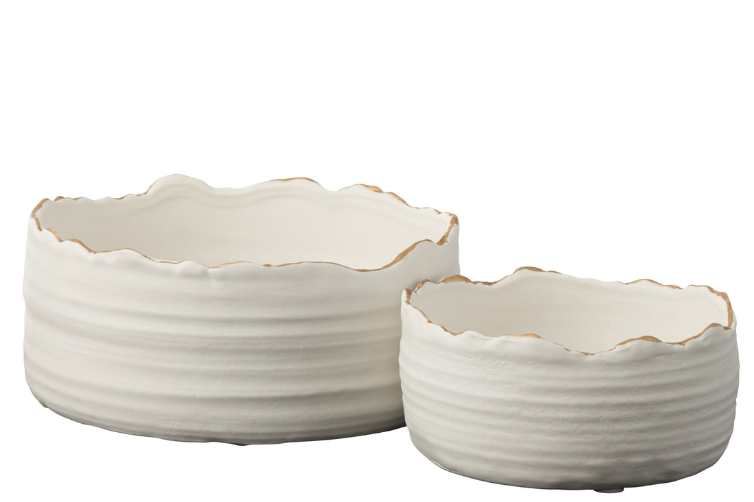 Bloempot laag porselein wit/goud groot