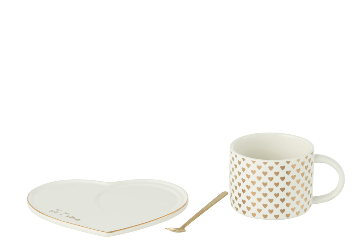 J-Line Beker+Schotel+Lepel Hart Keramiek Wit/Goud