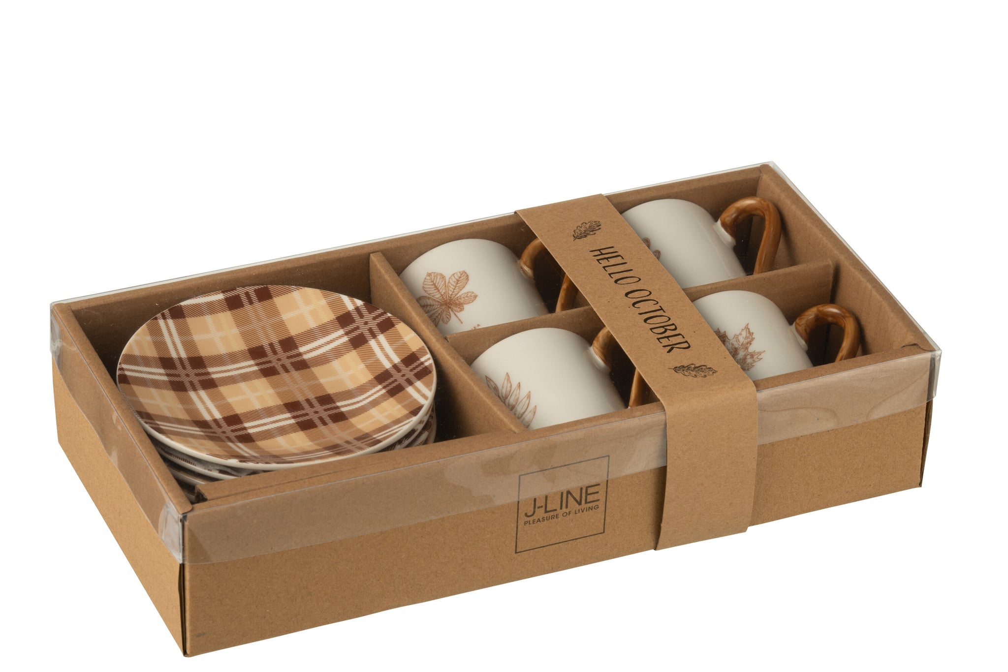 J-Line Doos met 4 koffiekopjes + schotels Blad Windownbox Keramiek Bruin Klein