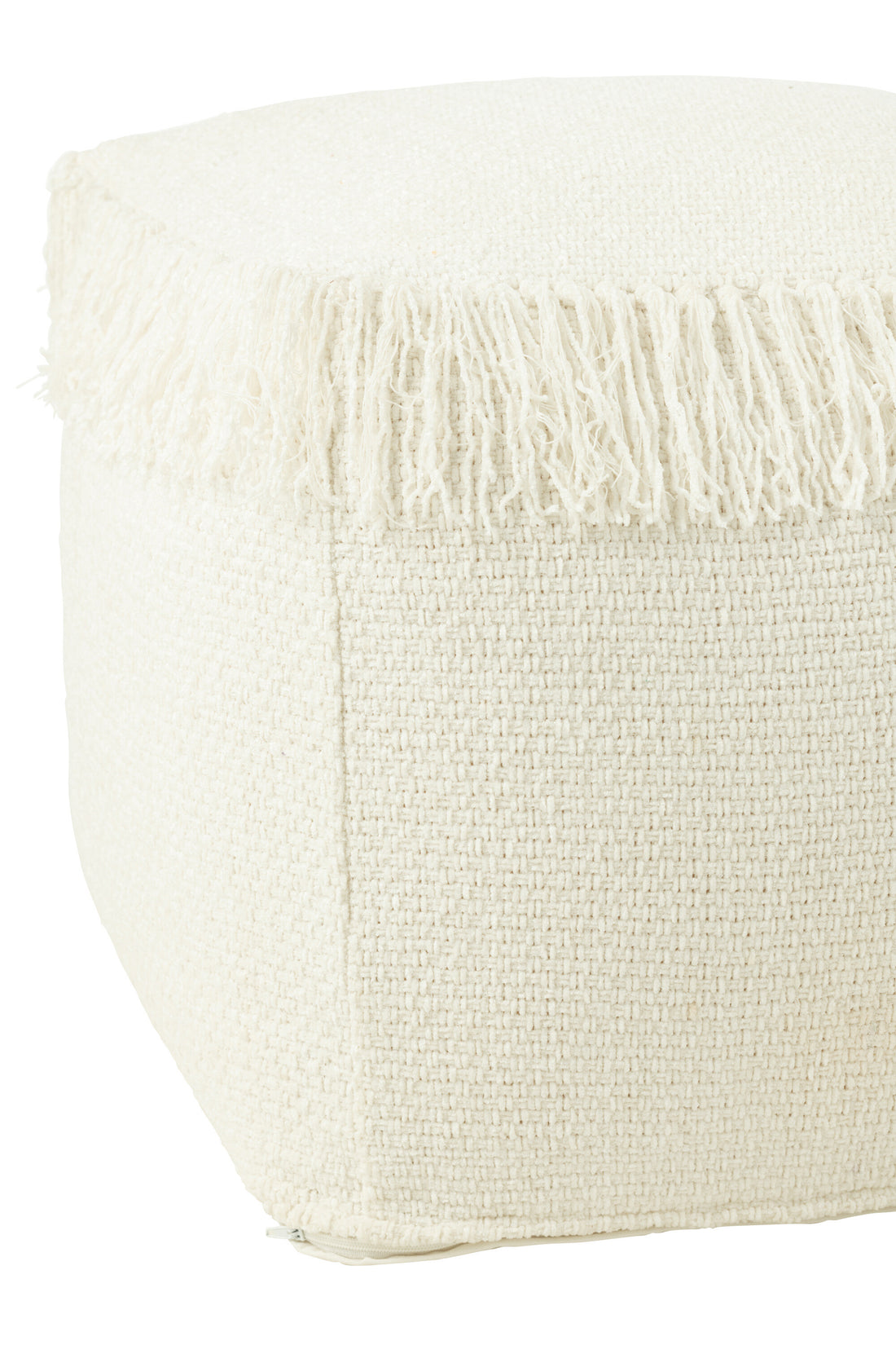 J-Line Poef Vierkant Gewoven+Franjes Viscose Wit