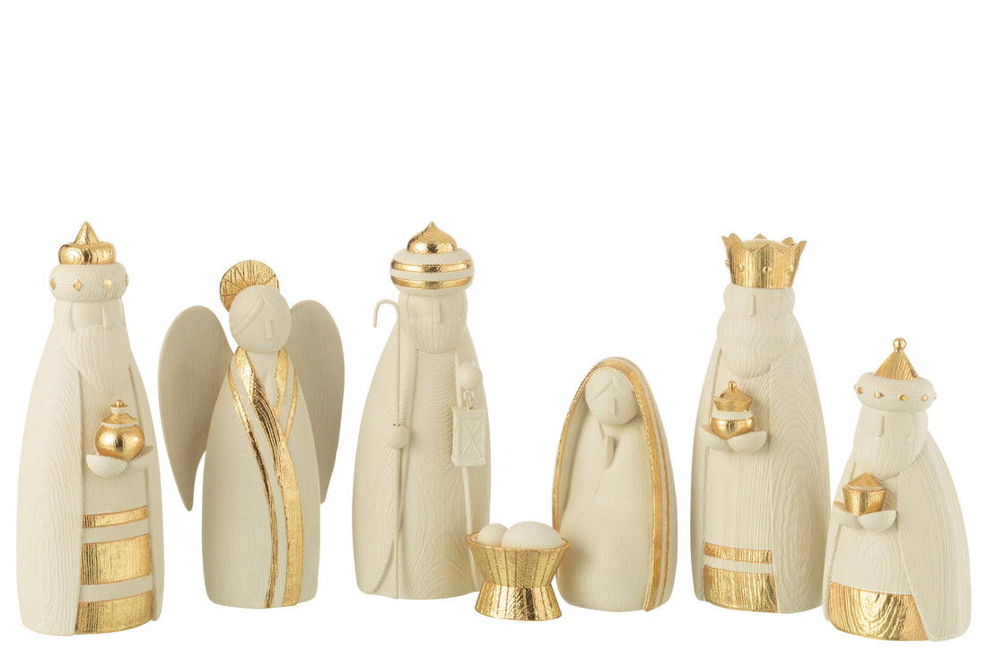 Kerststal 7 delen hars wit/goud
