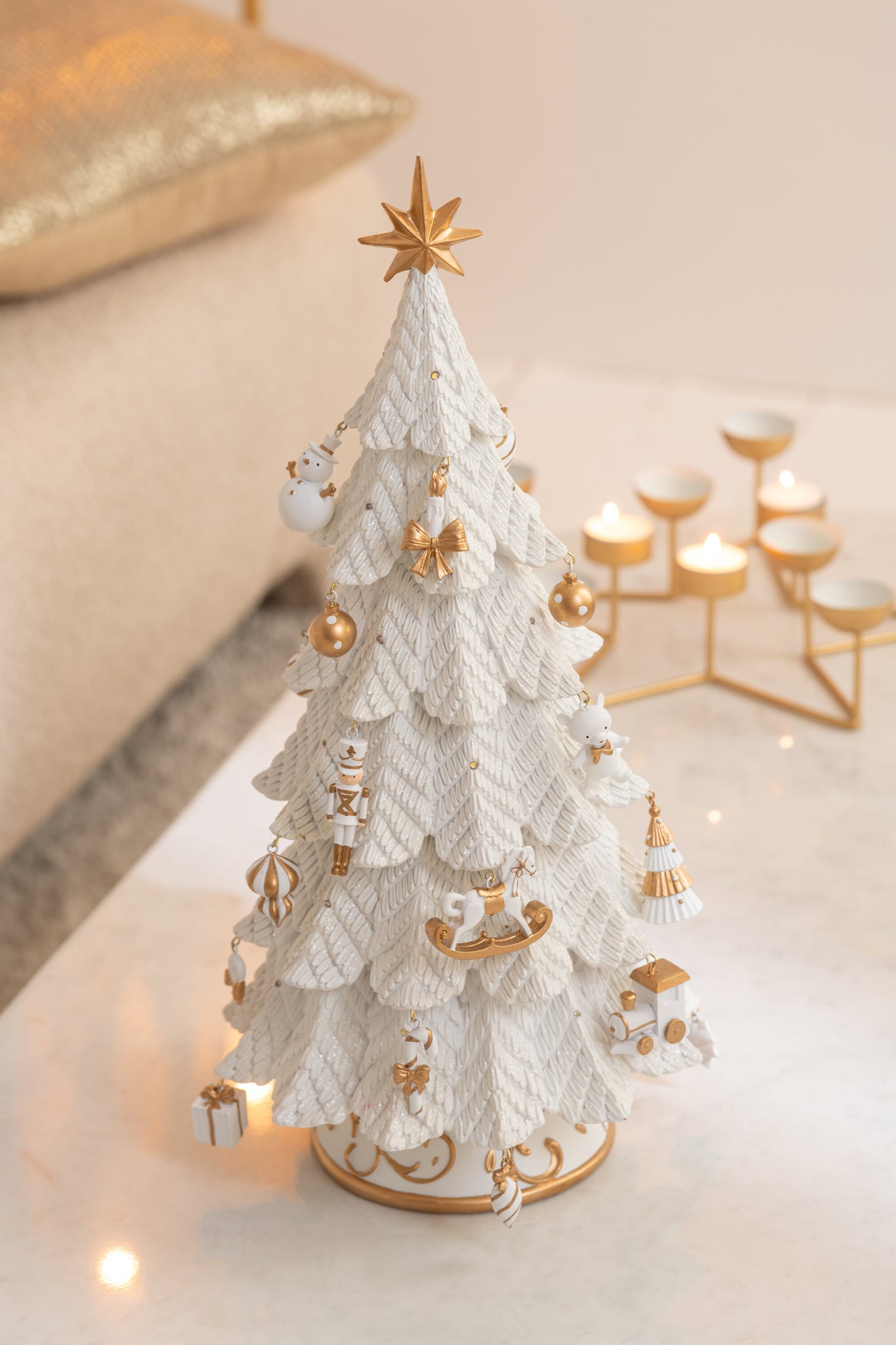 Kerstboom Led Ornamenten Hars Wit/Goud Klein