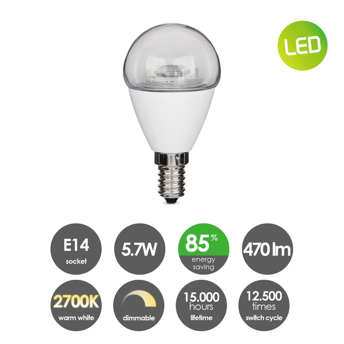 dimbare LED lamp P45 E14 5W 470Lm Warm Wit Licht
