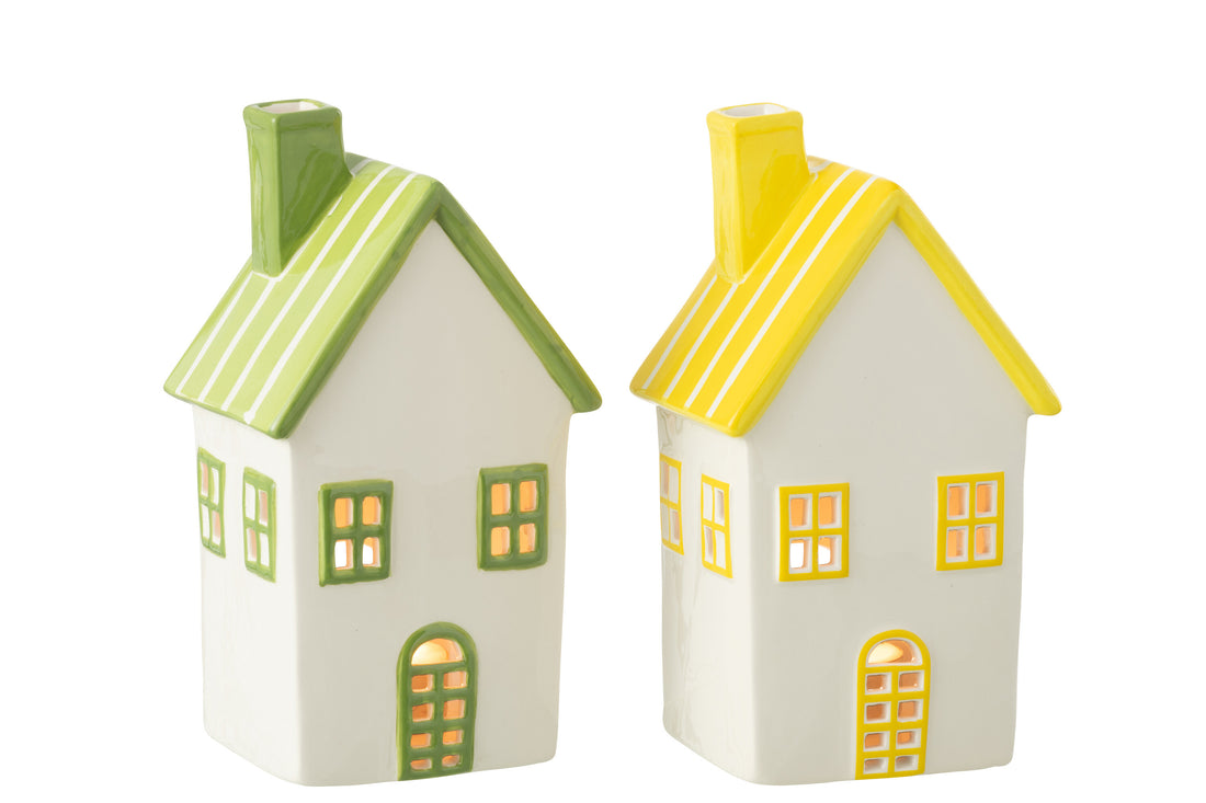 Theelichthouder Huis Dolomiet Geel/Groen Assortiment Van 2
