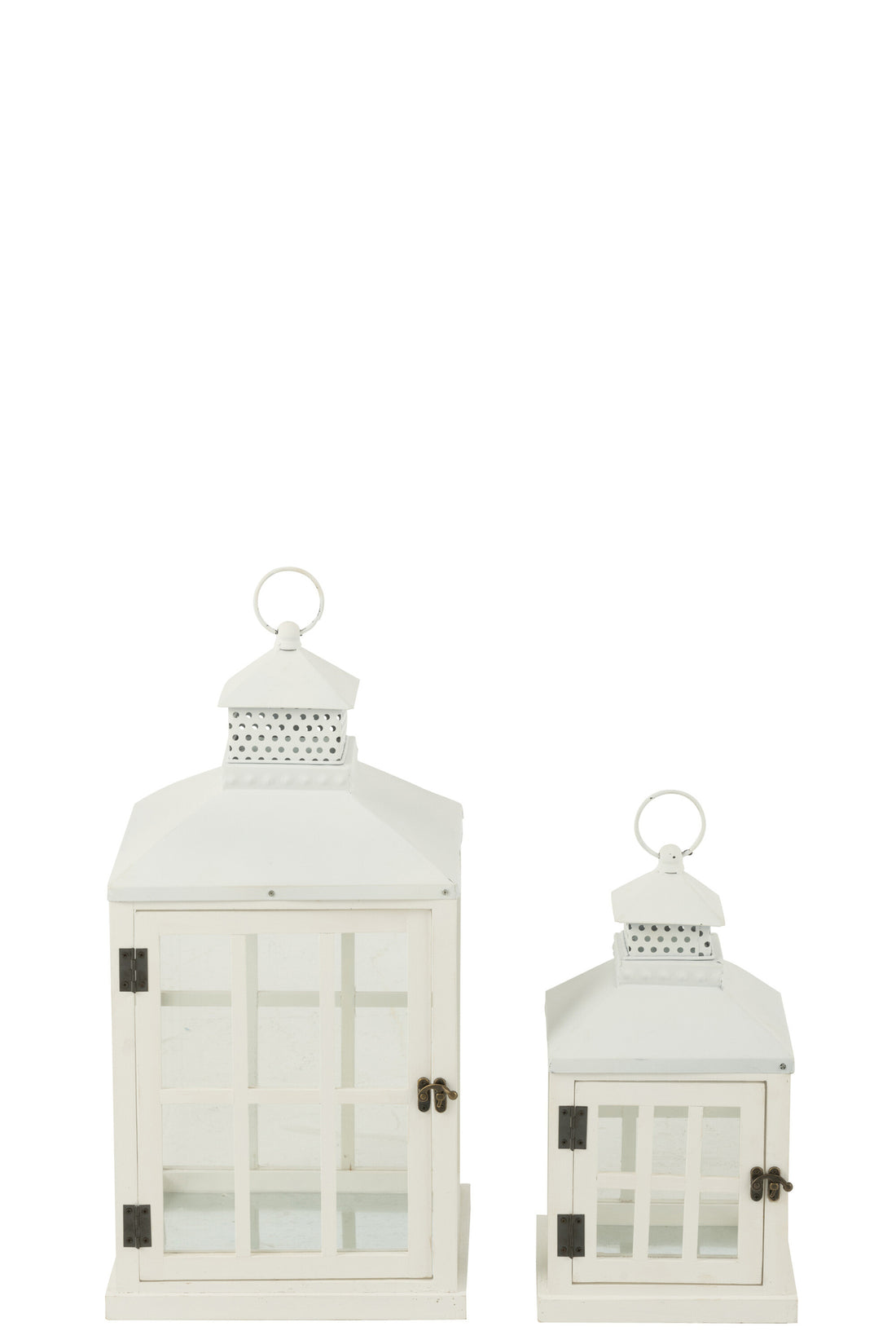 Set van 2 lantaarns huizen van dennenhout/metaal wit