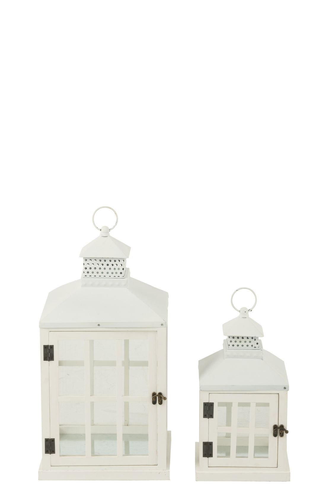 Set van 2 lantaarns huizen van dennenhout/metaal wit