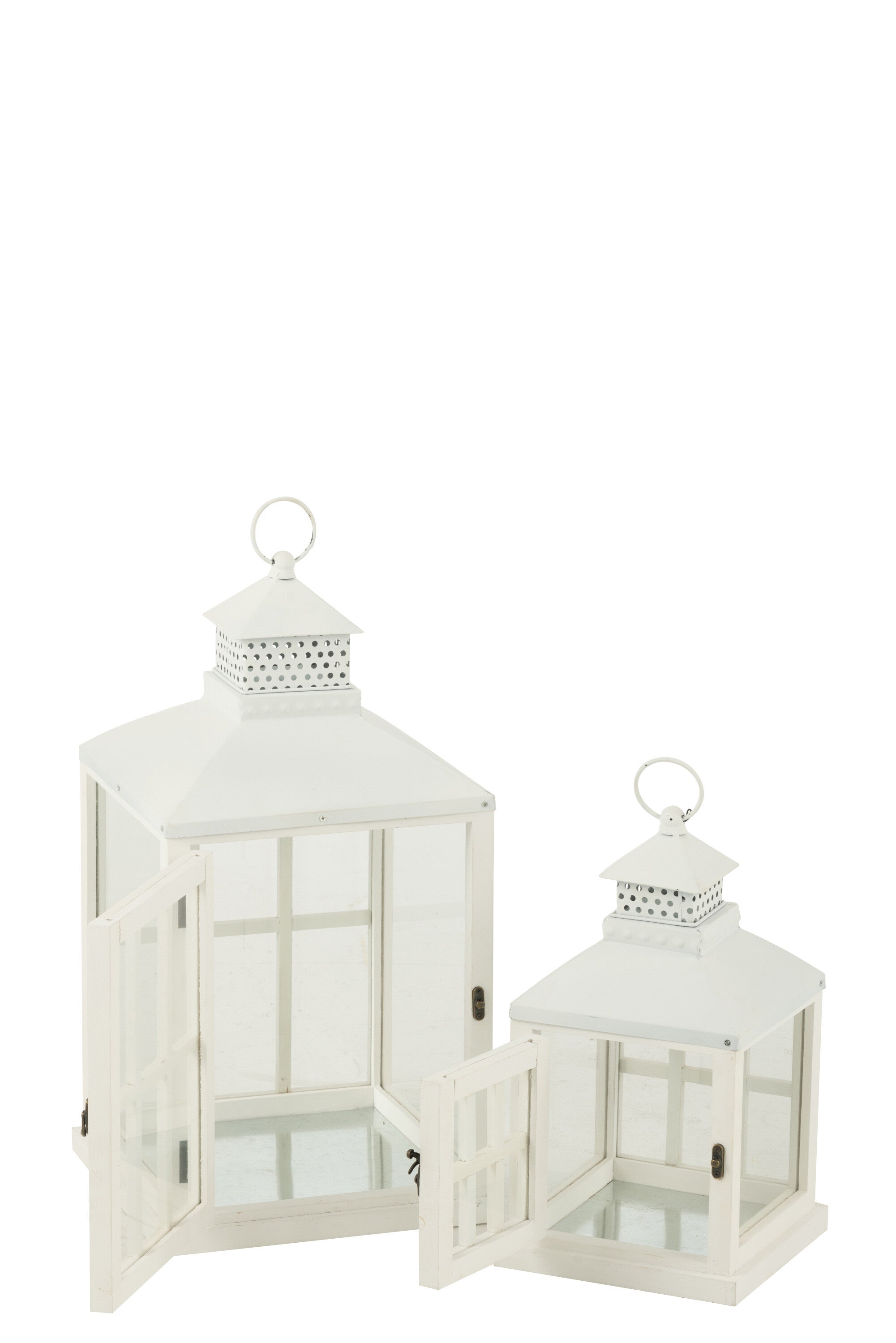 Set van 2 lantaarns huizen van dennenhout/metaal wit