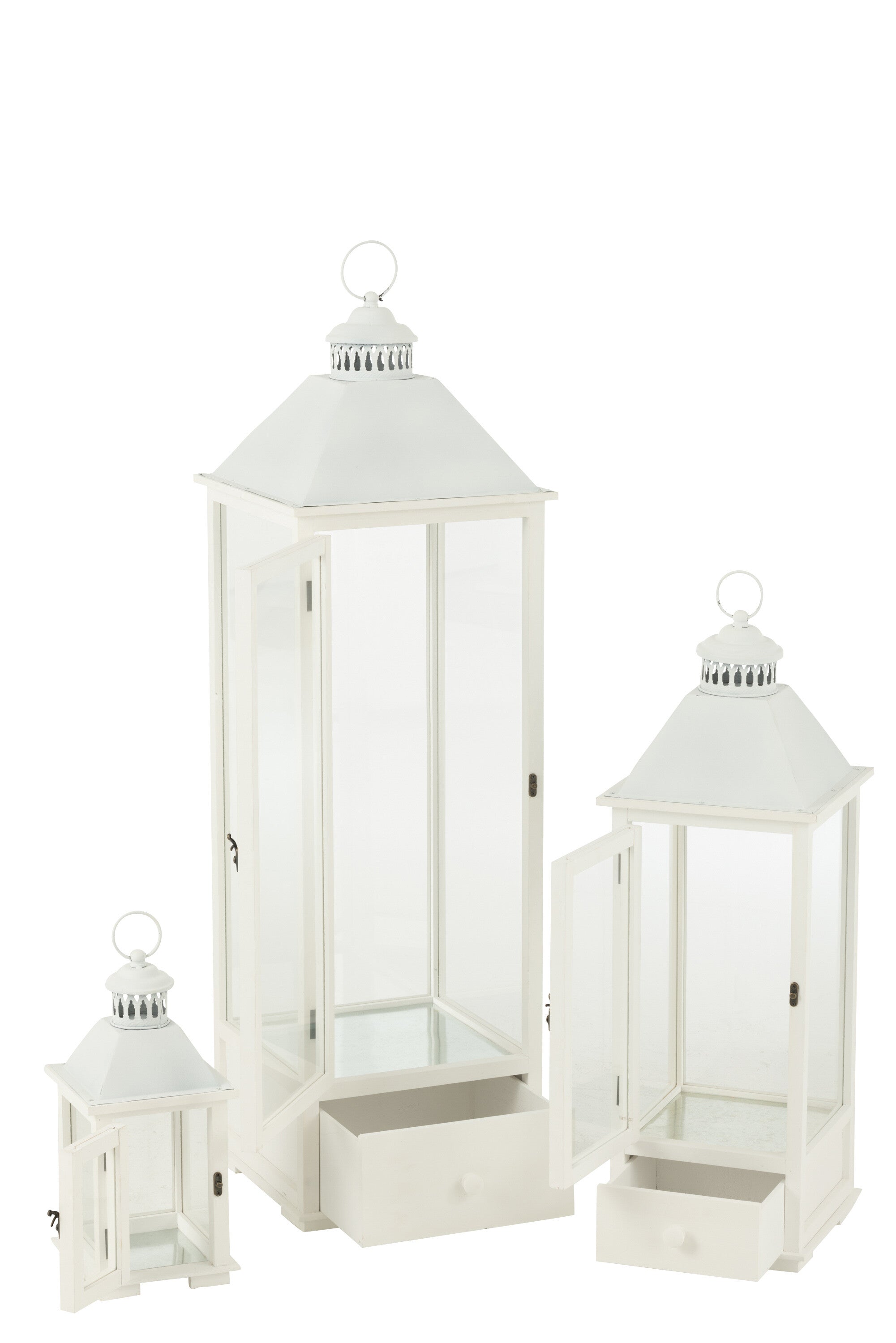 Set van 3 lantaarntorens van dennenhout/metaal wit