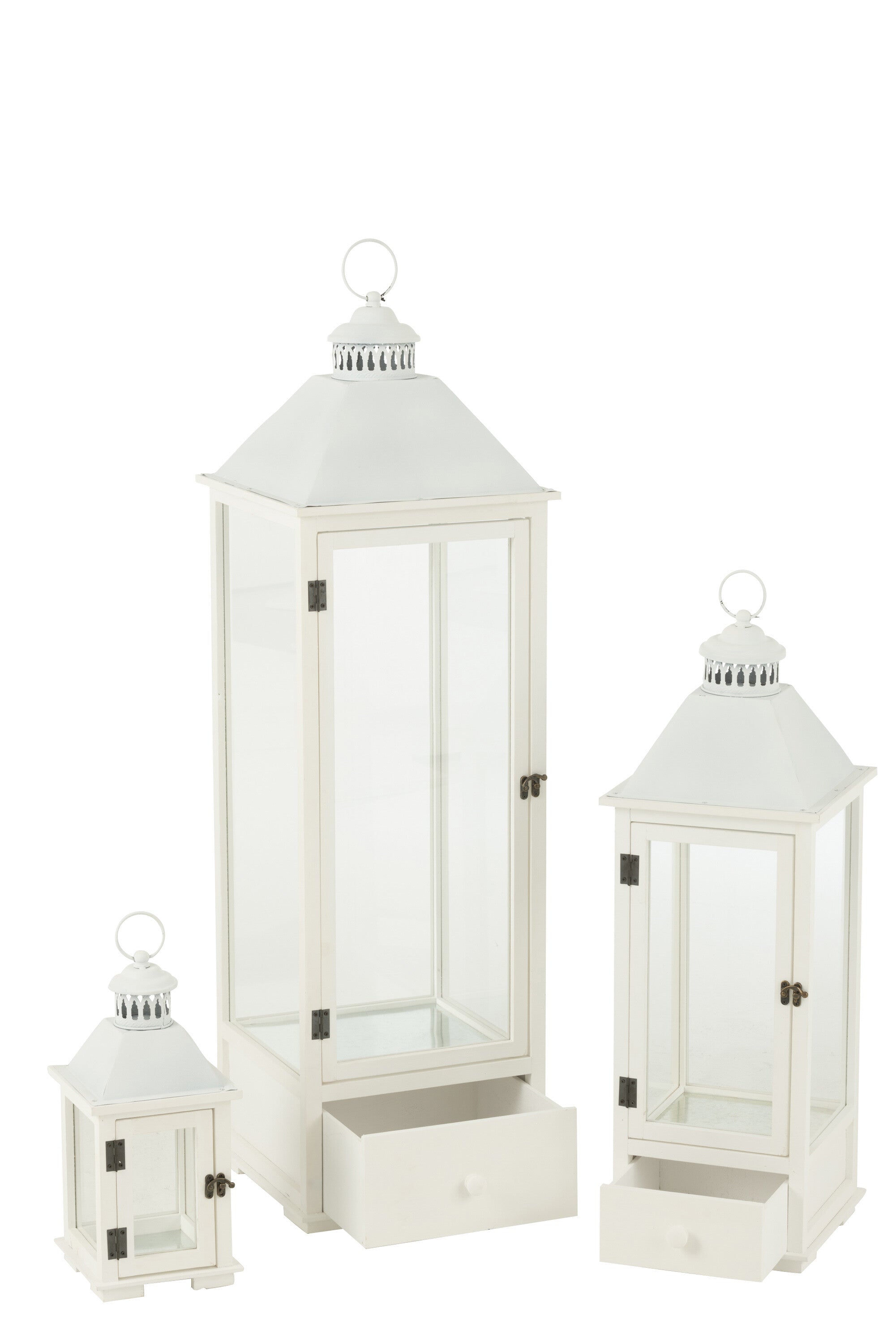 Set van 3 lantaarntorens van dennenhout/metaal wit