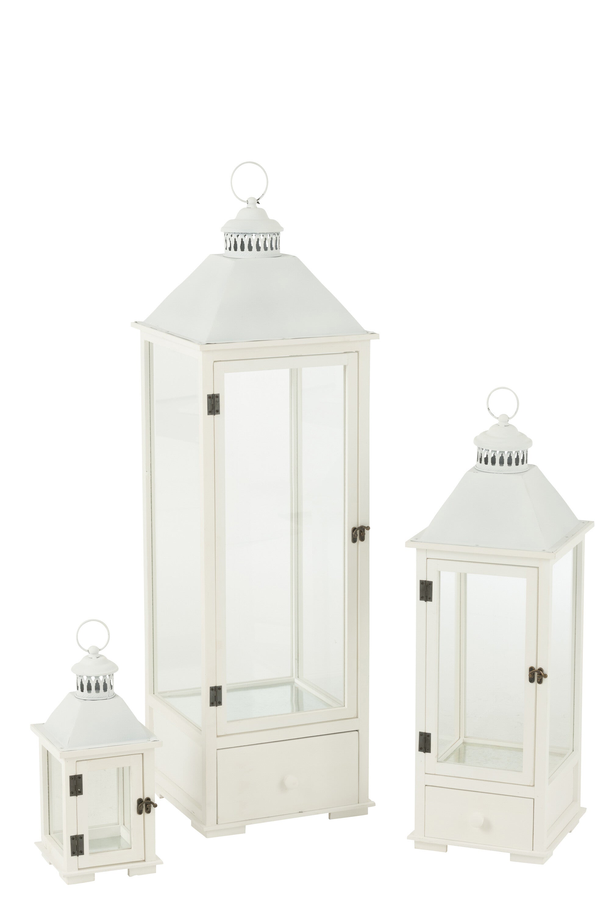 Set van 3 lantaarntorens van dennenhout/metaal wit
