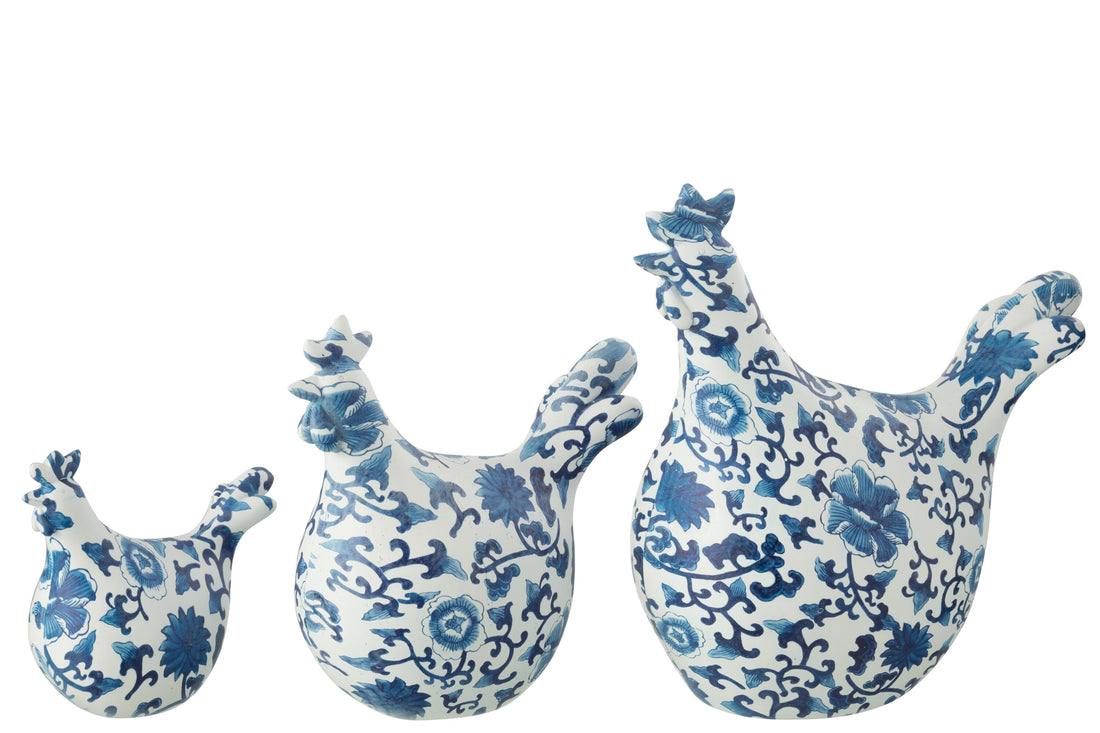 Set van 3 haanpatronen polyresin blauw/wit