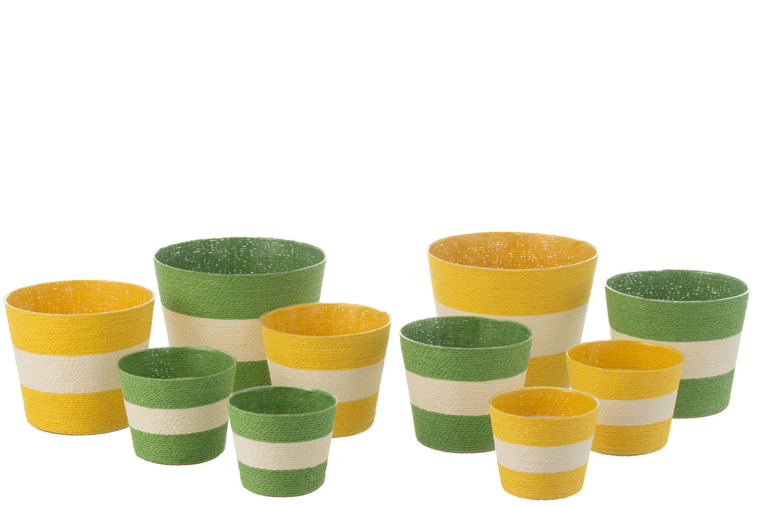 Bloempot Touwen Streep Papier/Huisdier Geel/Groen Extra Groot Assortiment Van 2