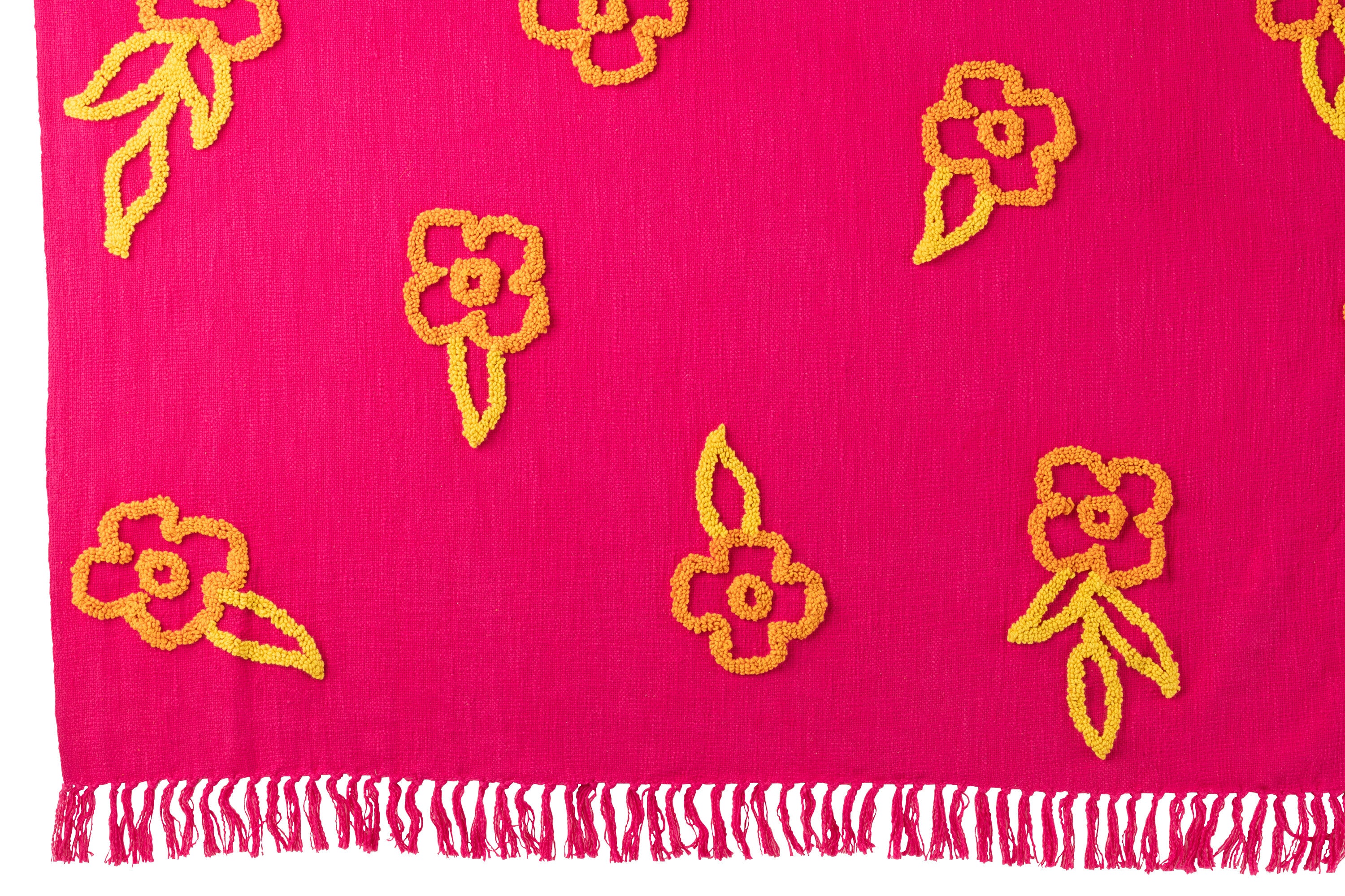 Geruite Bloemen Katoen Roze+Oranje/Geel