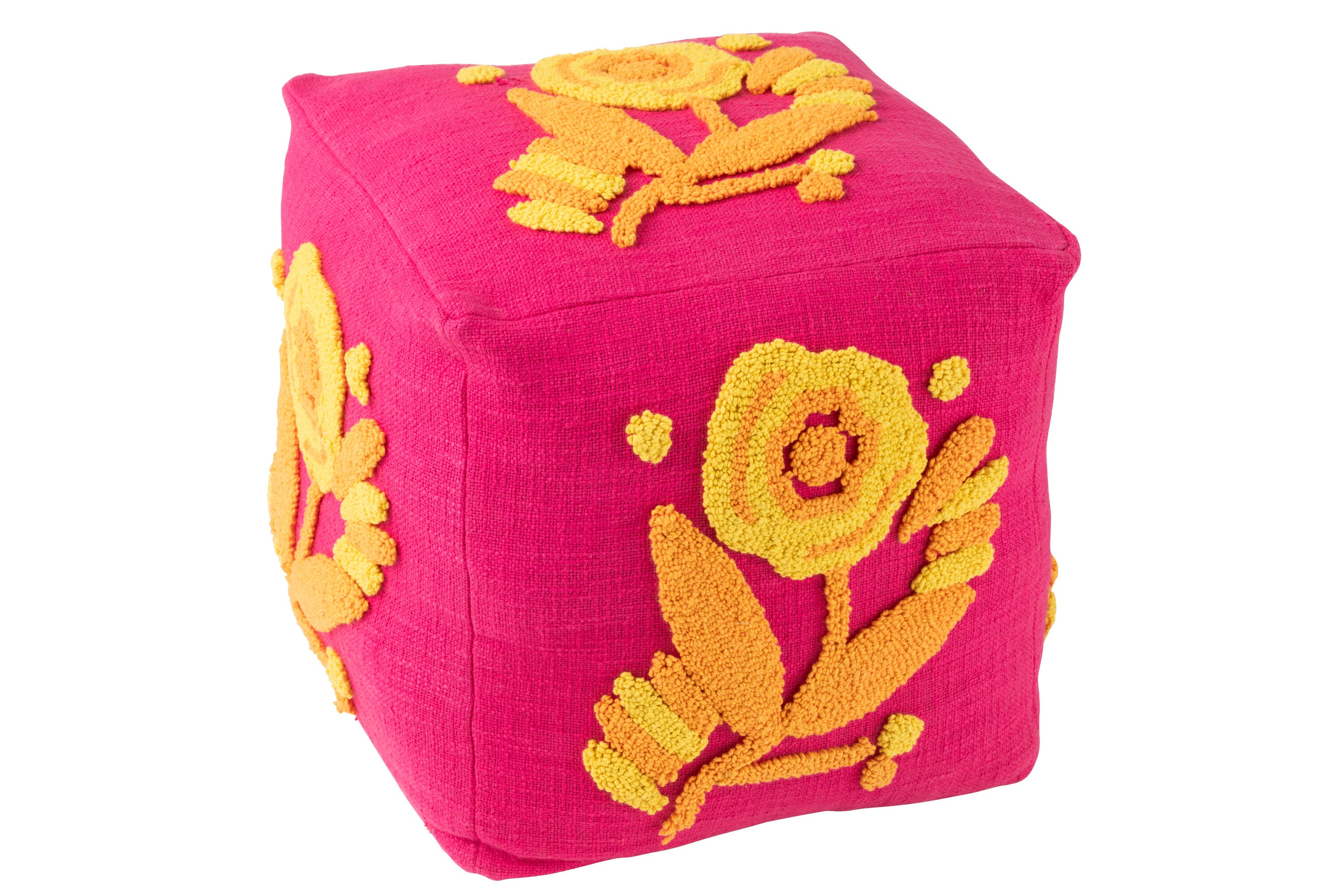 Poef Vierkant Bloem Katoen Roze/Oranje/Geel