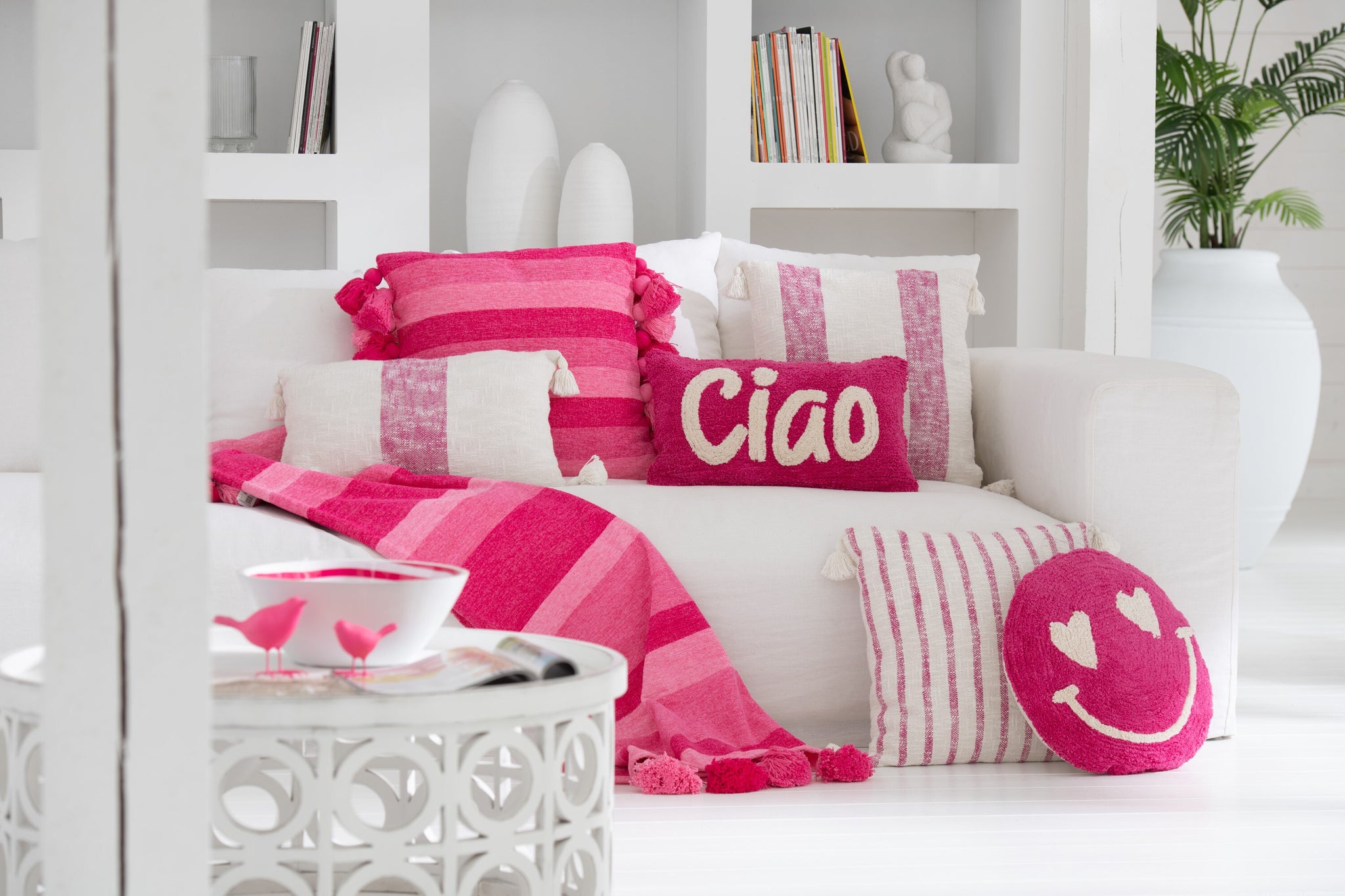 Kussen Smiley met knopen van katoen roze/wit