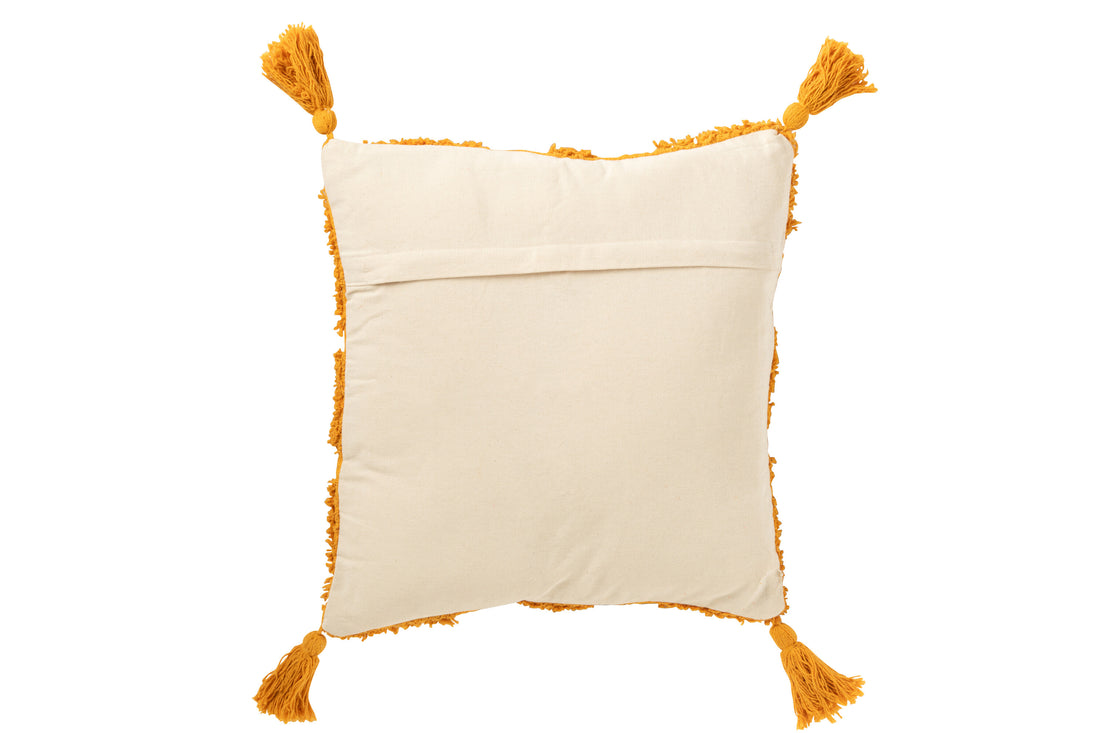 Kussen met knoopsgatenpatroon en kwastjes van katoen oker