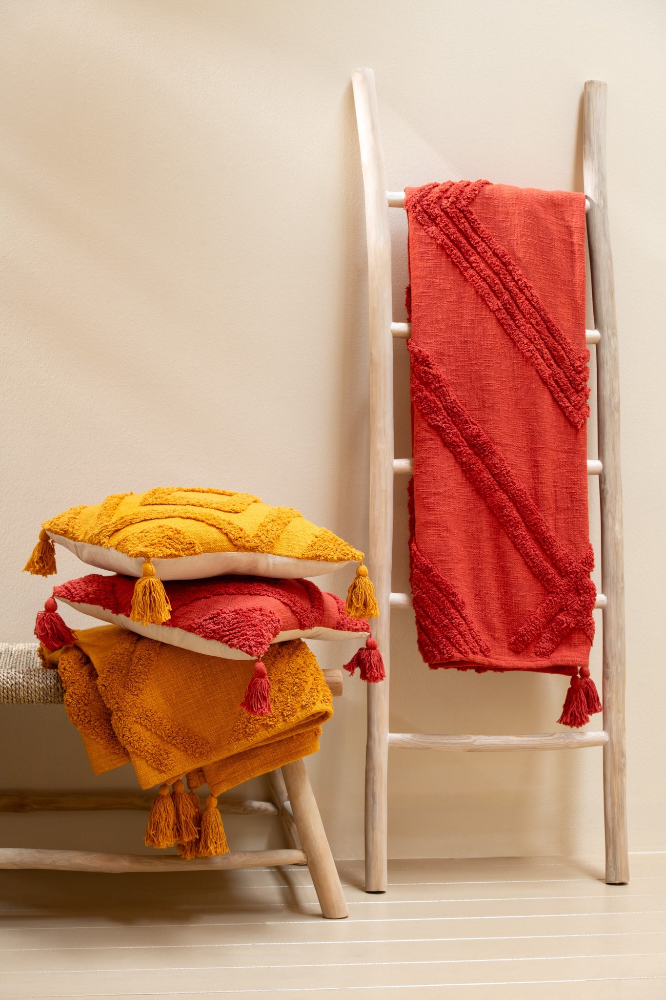 Geruite Tufted Patroon+Kwastjes Katoen Baksteenrood