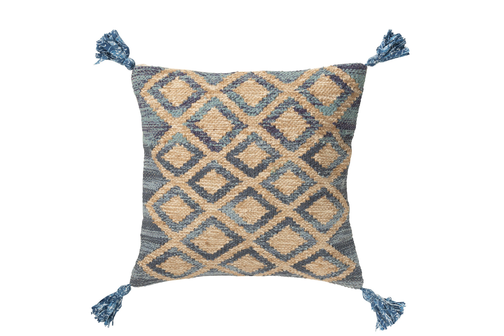 Kussen Vierkant Ruitpatroon Jute/Katoen Natuur/Blauw