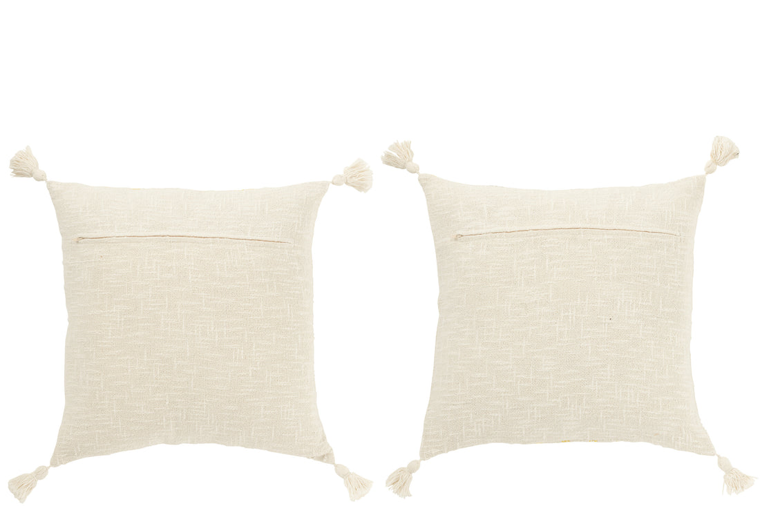 Kussen Vierkant Strepen+Kwastjes Katoen Wit/Geel Assortiment Van 2