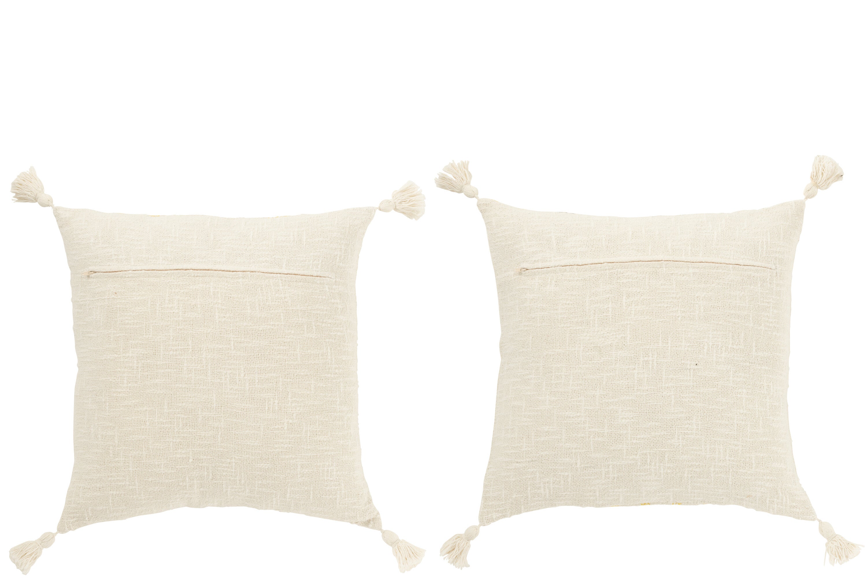 Kussen Vierkant Strepen+Kwastjes Katoen Wit/Geel Assortiment Van 2