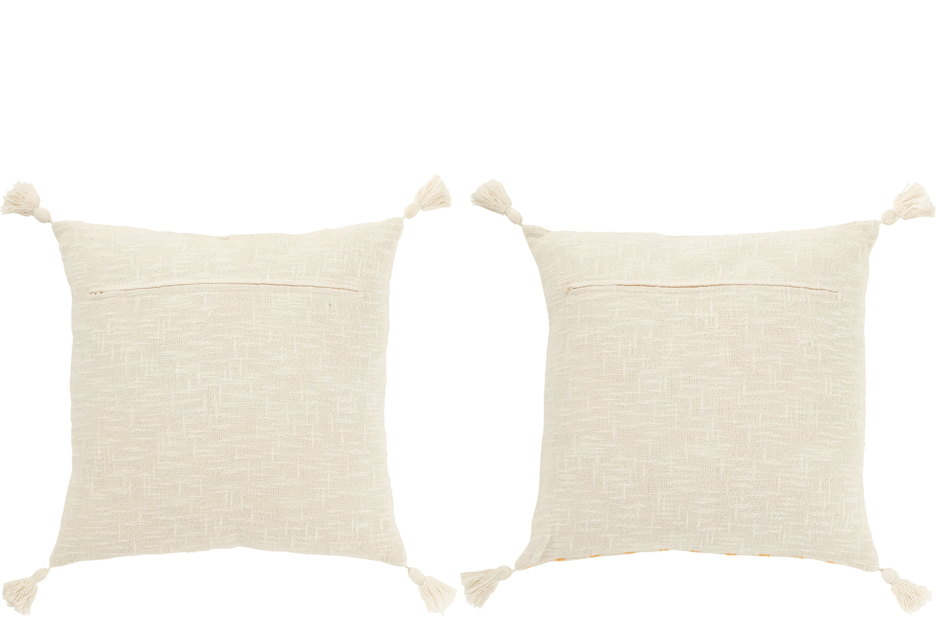 Kussen Vierkant Strepen+Kwastjes Katoen Wit/Oranje Assortiment Van 2