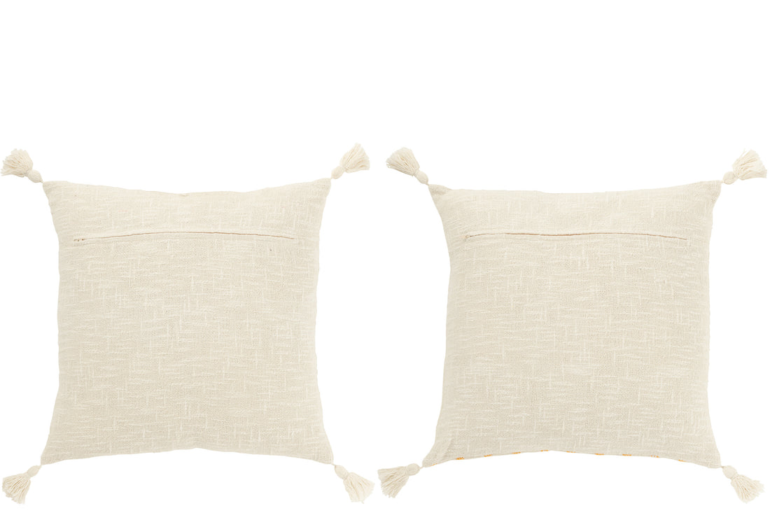 Kussen Vierkant Strepen+Kwastjes Katoen Wit/Oranje Assortiment Van 2