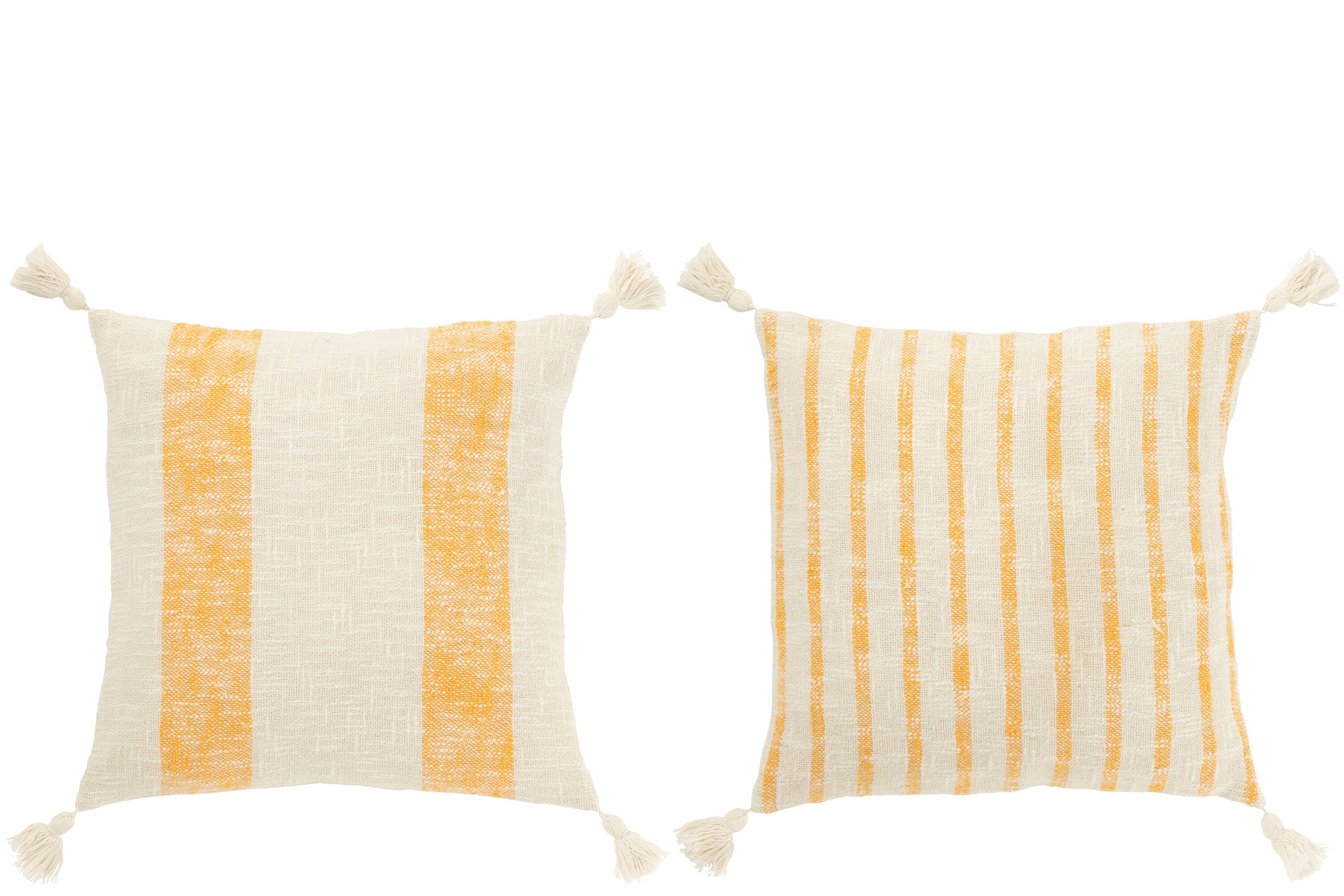 Kussen Vierkant Strepen+Kwastjes Katoen Wit/Oranje Assortiment Van 2