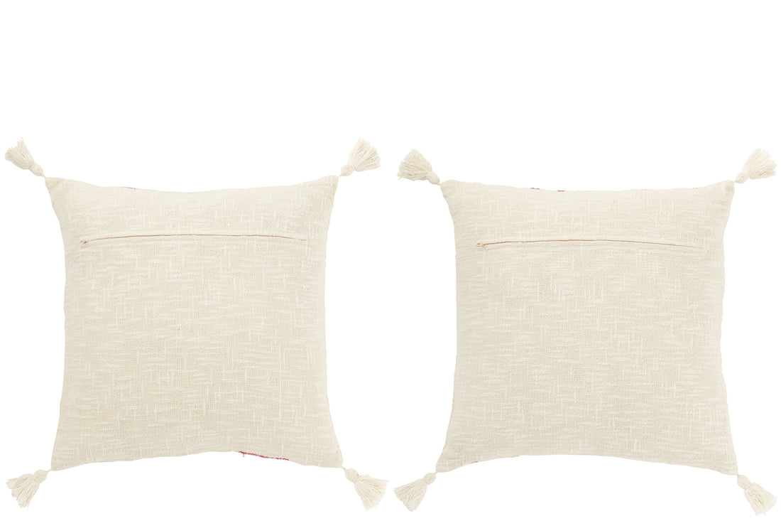 Kussen Vierkant Strepen+Kwastjes Katoen Wit/Roze Assortiment Van 2