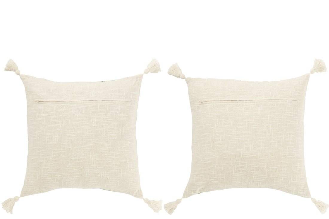 Kussen Vierkant Strepen+Kwastjes Katoen Wit/Groen Assortiment Van 2