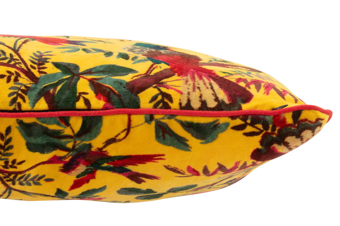 Kussen Vogels/Bloemen Katoenfluweel Geel
