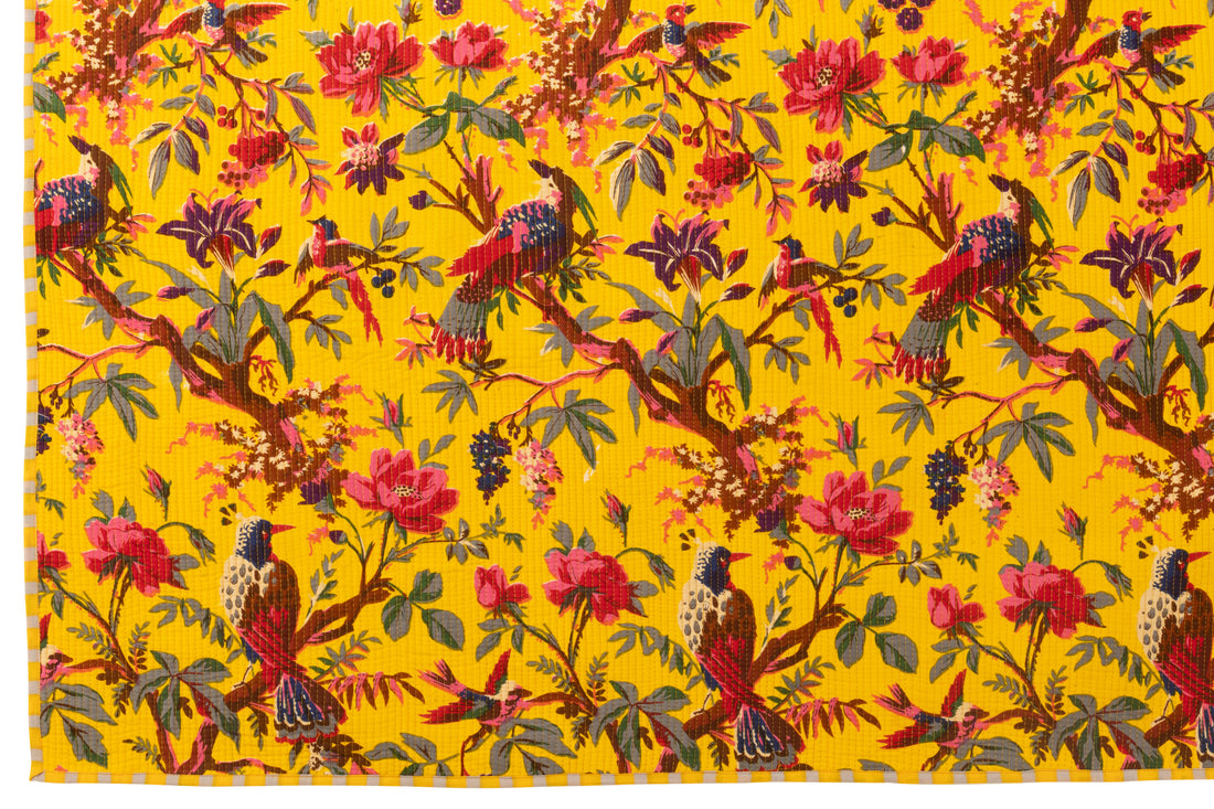Geruite Vogels/Bloemen Katoenen Fluweel Geel