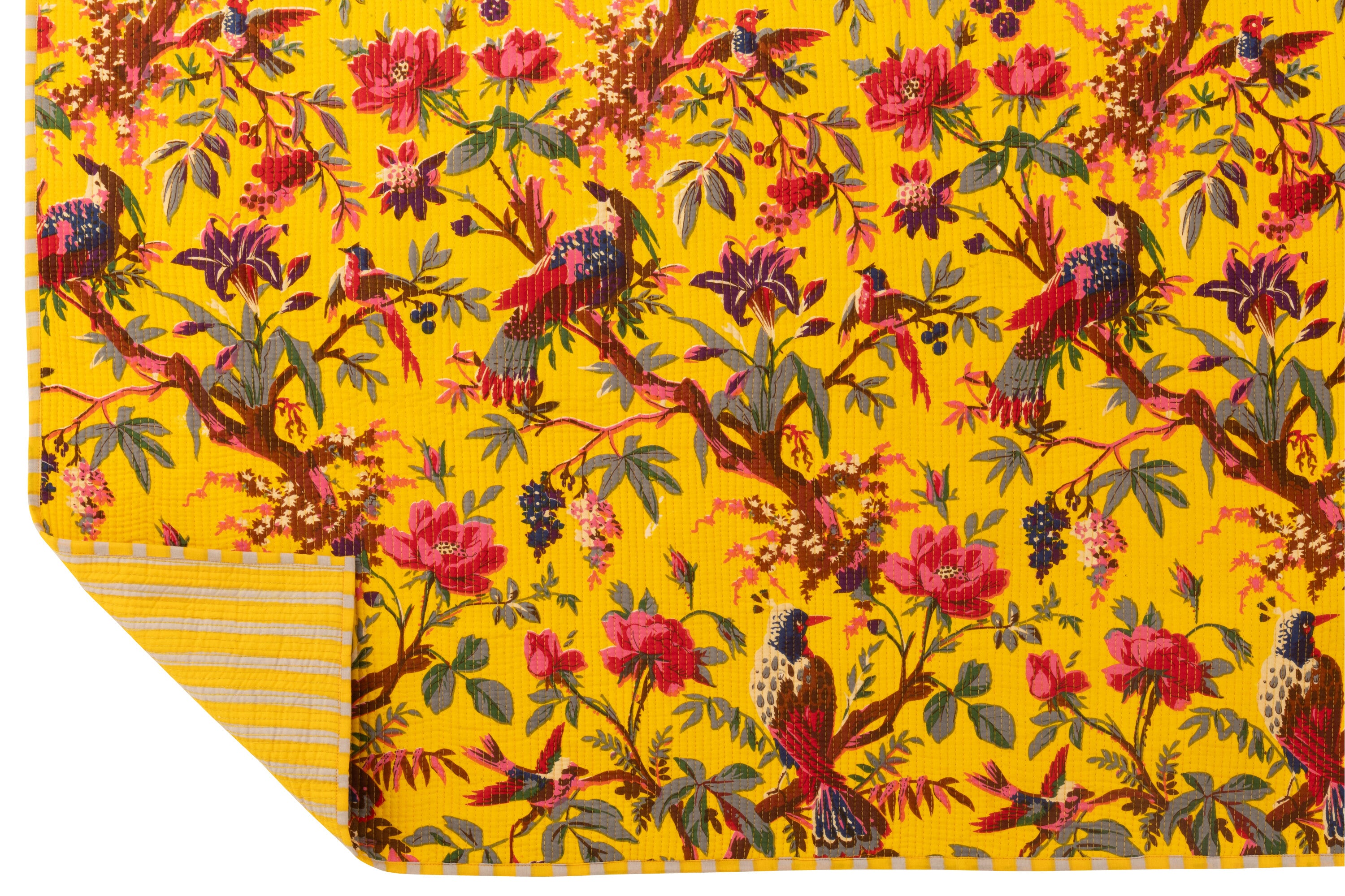 Geruite Vogels/Bloemen Katoenen Fluweel Geel