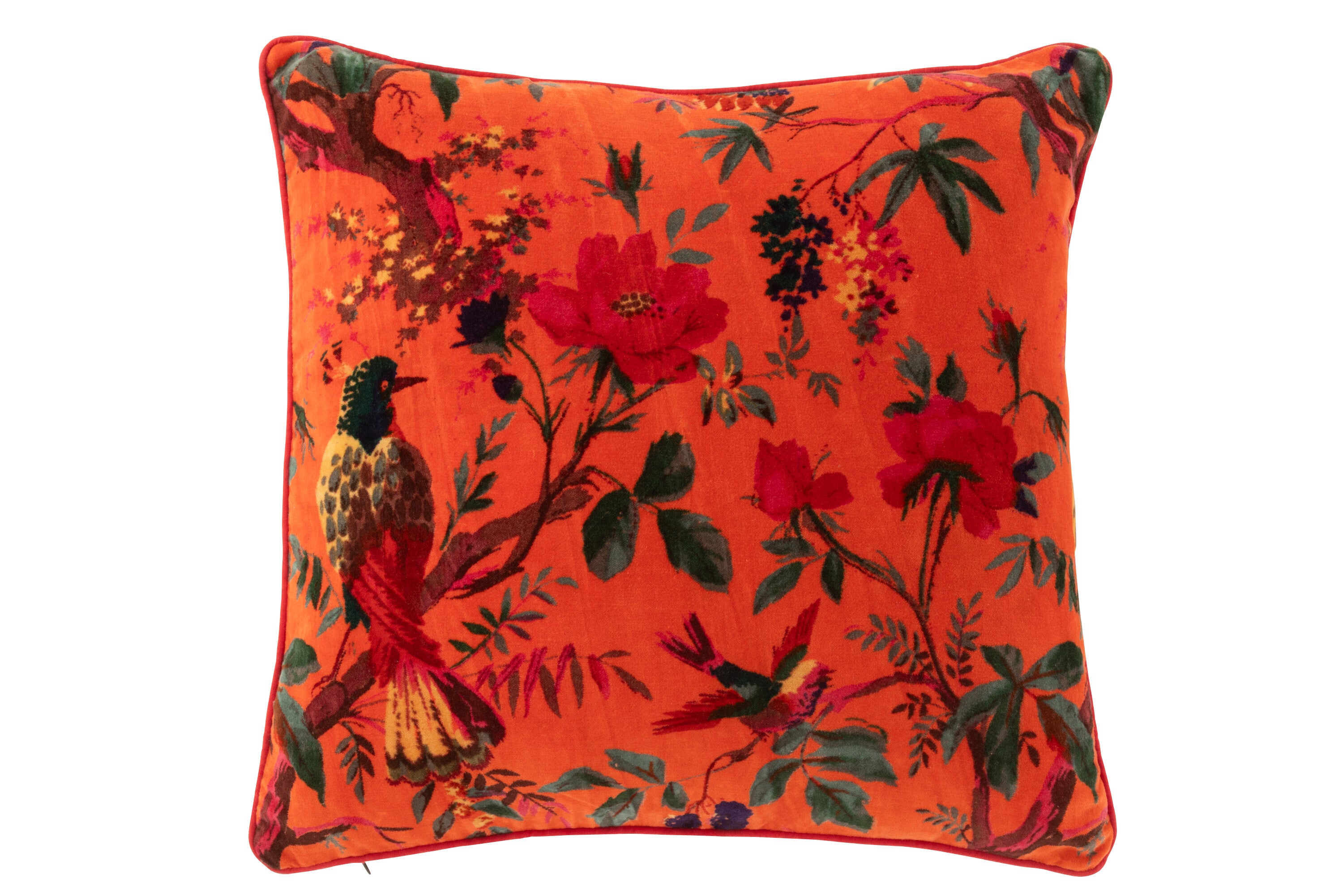 Kussen Vogels/Bloemen Katoenfluweel Oranje