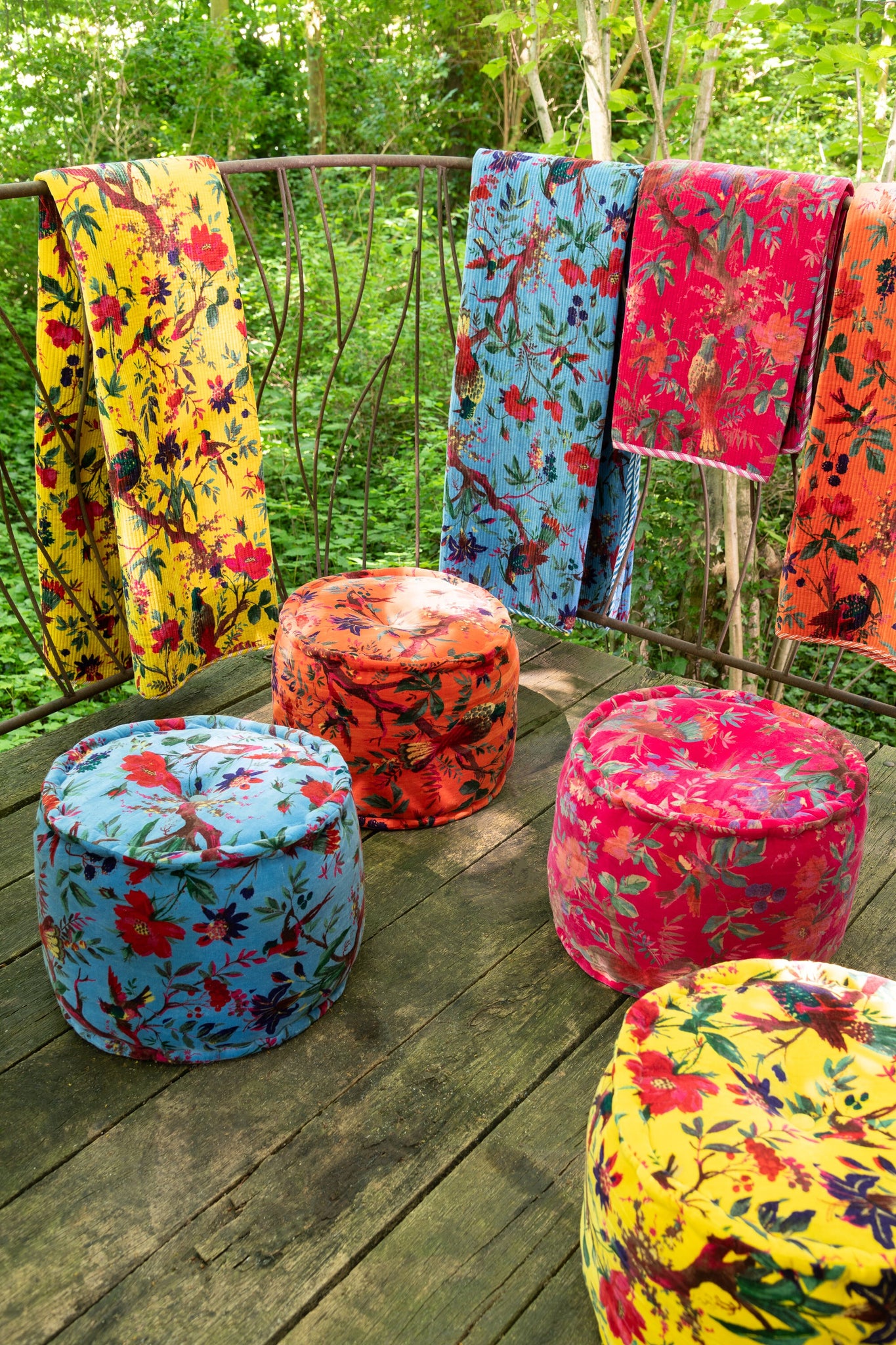 Pouf Ronde Vogels/Bloemen Katoenfluweel Oranje
