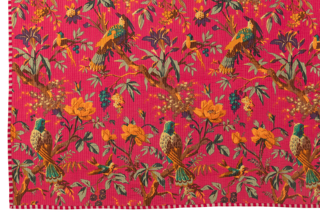 Geruite Vogels/Bloemen Katoenen Fluweel Roze