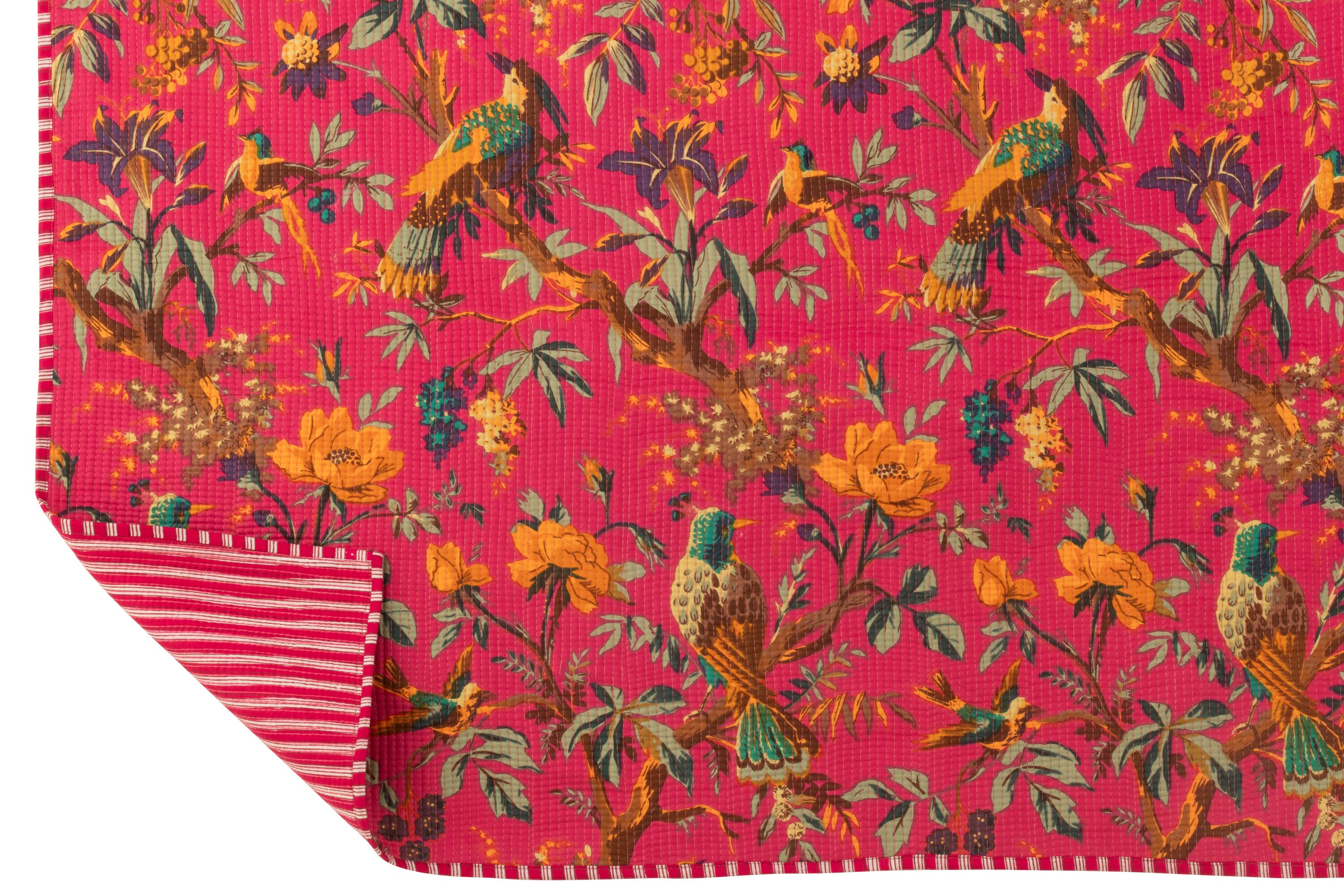 Geruite Vogels/Bloemen Katoenen Fluweel Roze
