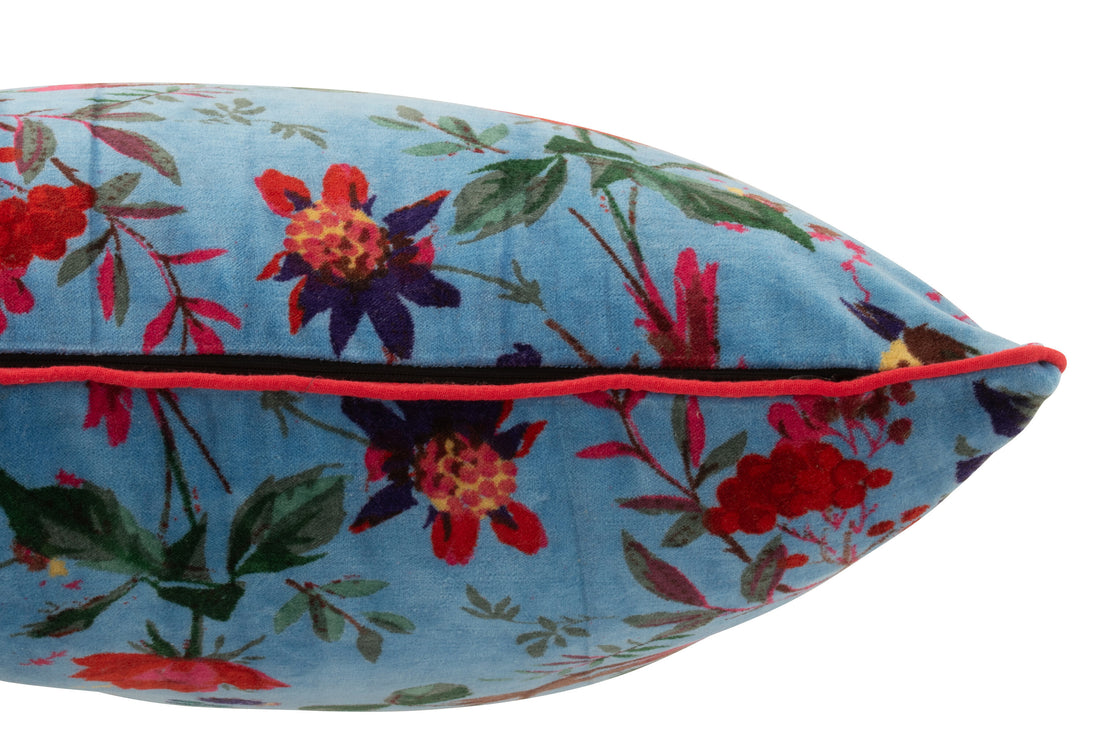 Kussen Vogels/Bloemen Katoenfluweel Blauw