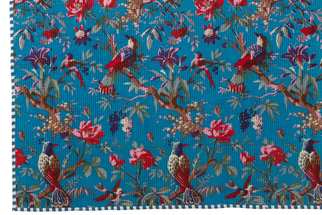 Geruite Vogels/Bloemen Katoenen Fluweel Blauw