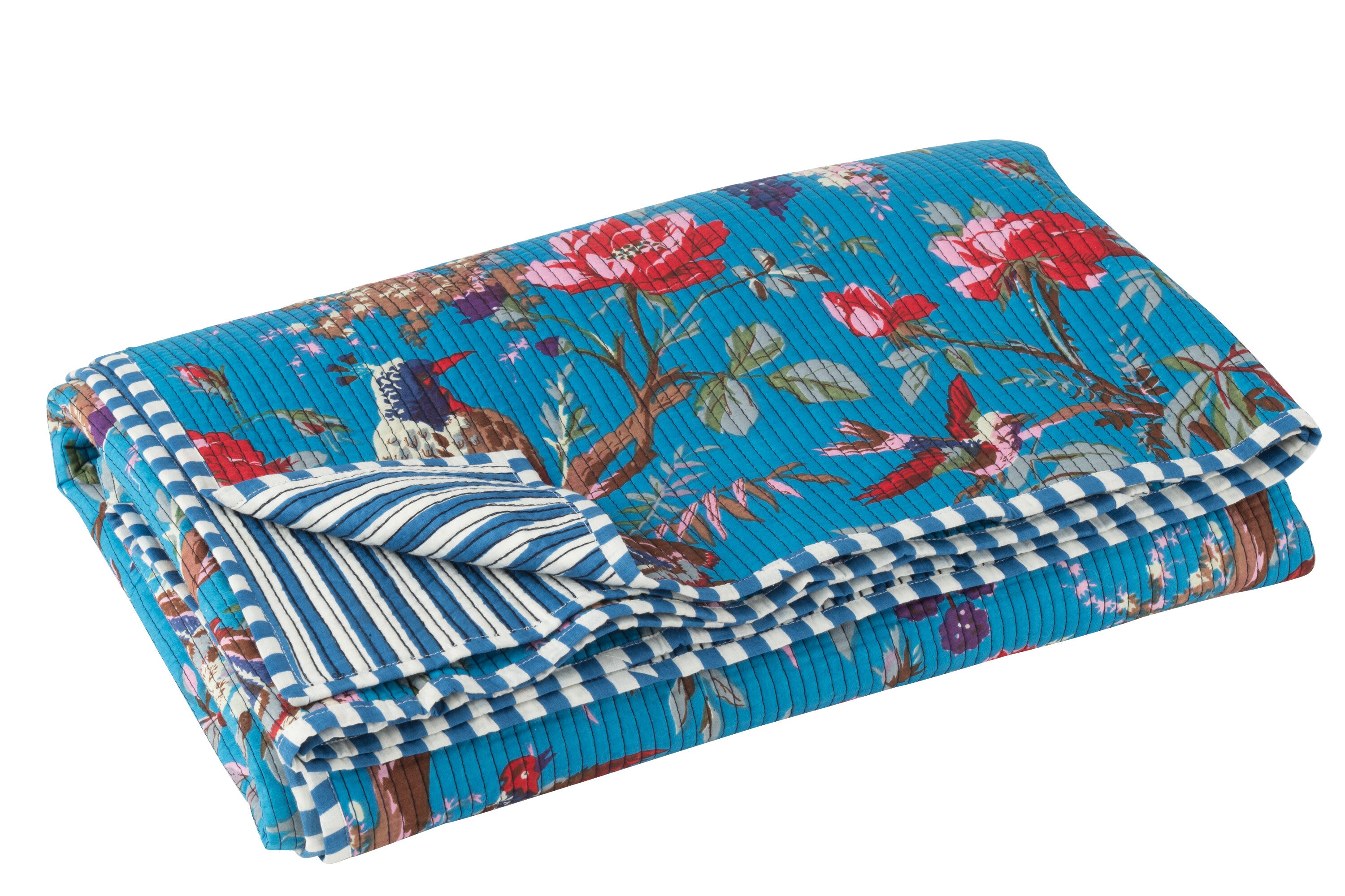 Geruite Vogels/Bloemen Katoenen Fluweel Blauw
