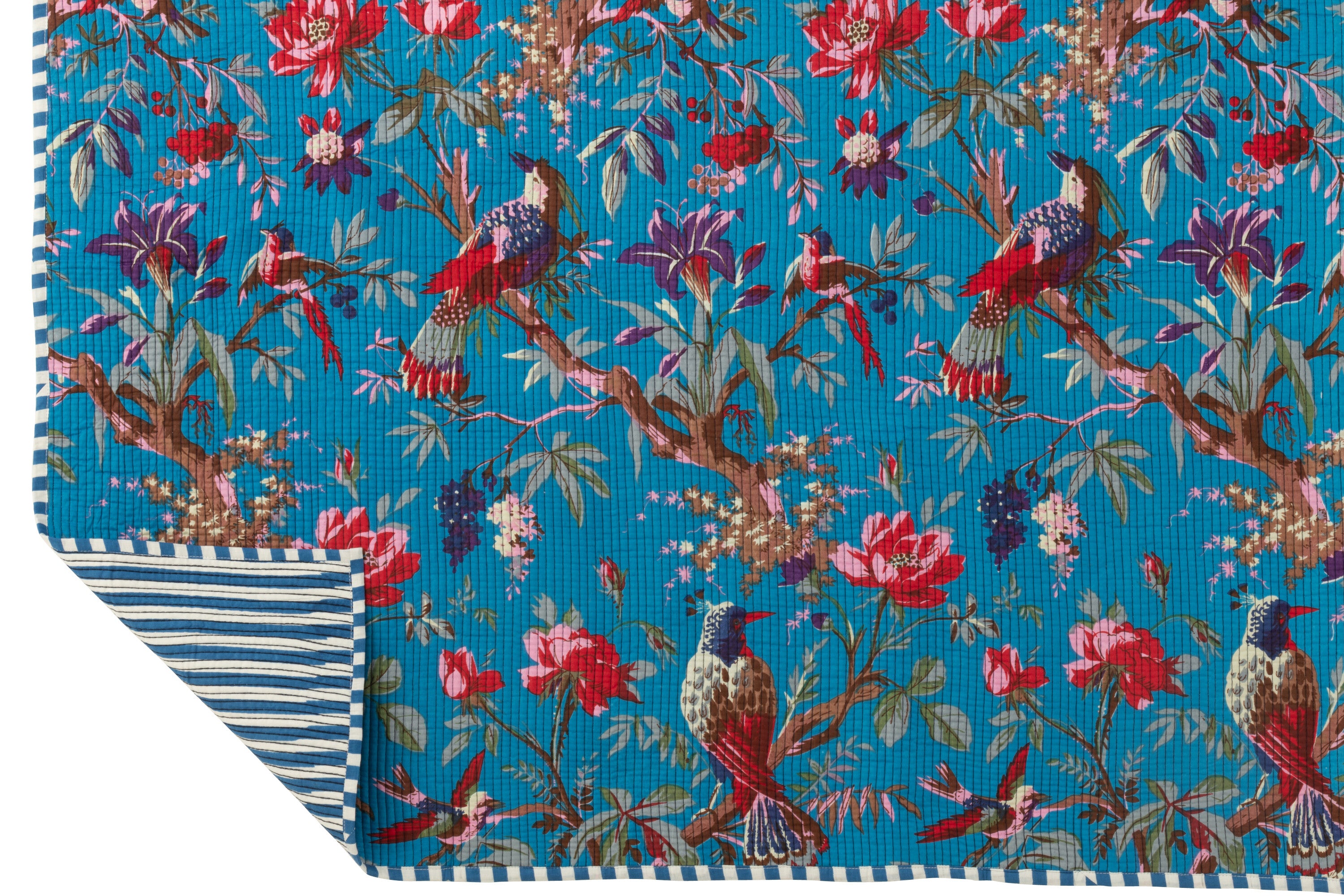 Geruite Vogels/Bloemen Katoenen Fluweel Blauw