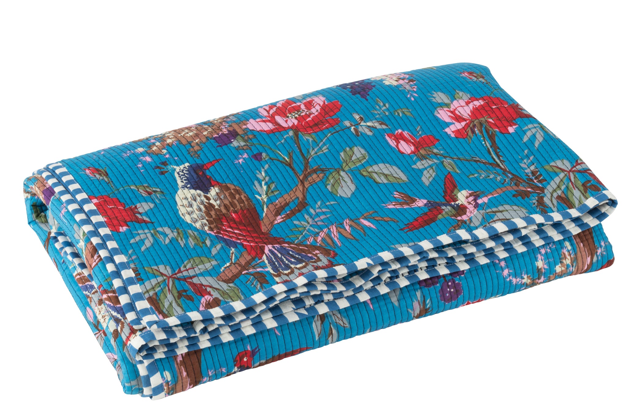 Geruite Vogels/Bloemen Katoenen Fluweel Blauw