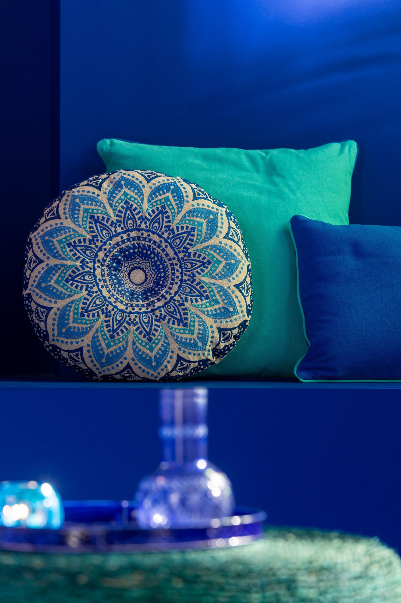 Vloerkussen Rond Bloem Katoen Turquoise/Blauw Assortiment Van 2