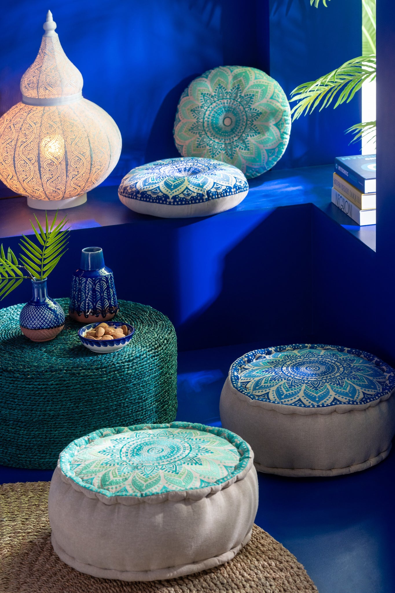Vloerkussen Rond Bloem Katoen Turquoise/Blauw Assortiment Van 2