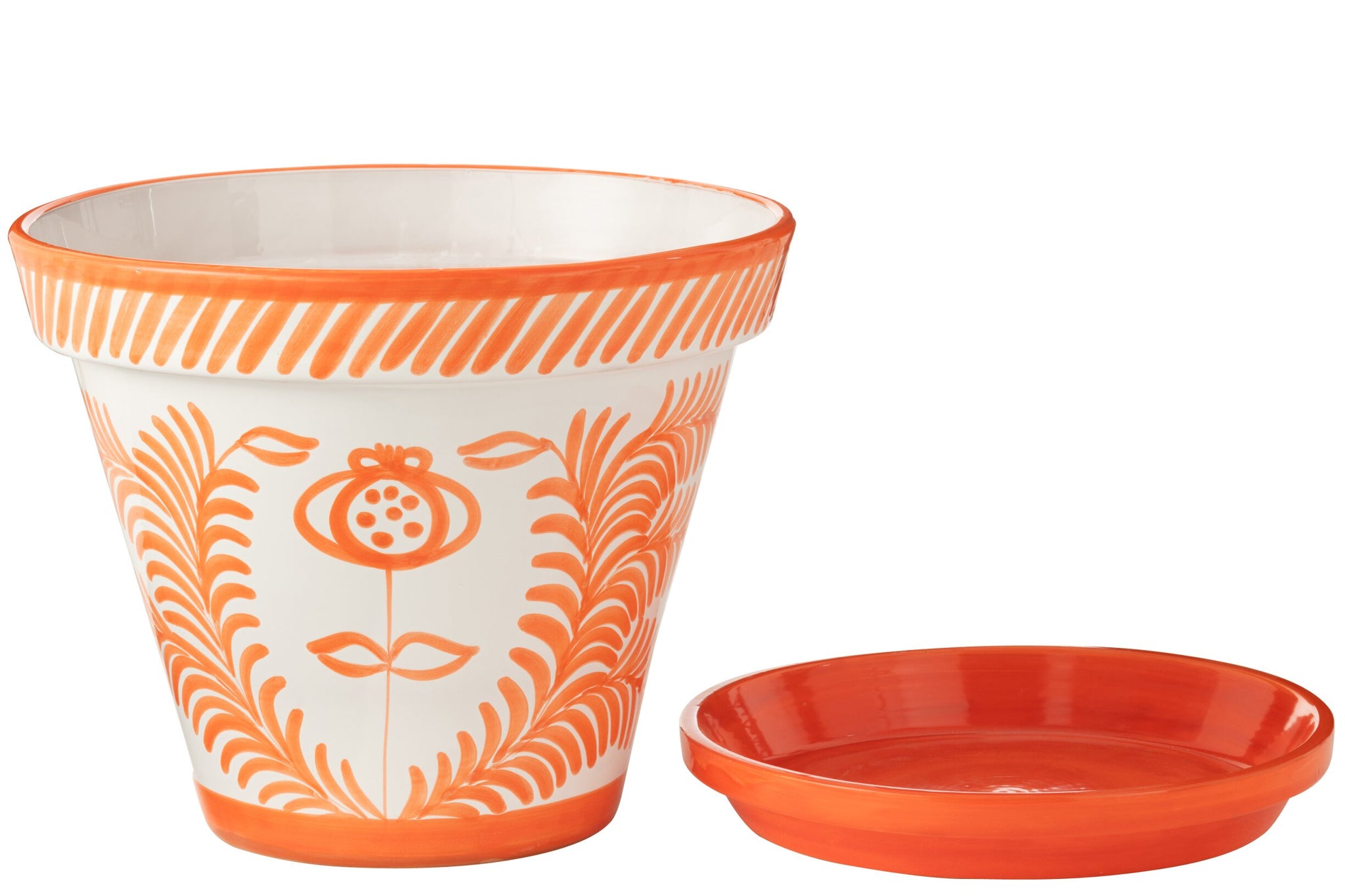 Bloempot + Bord Granada Handgemaakt/Handbeschilderd Keramiek Oranje/Wit Extra Groot