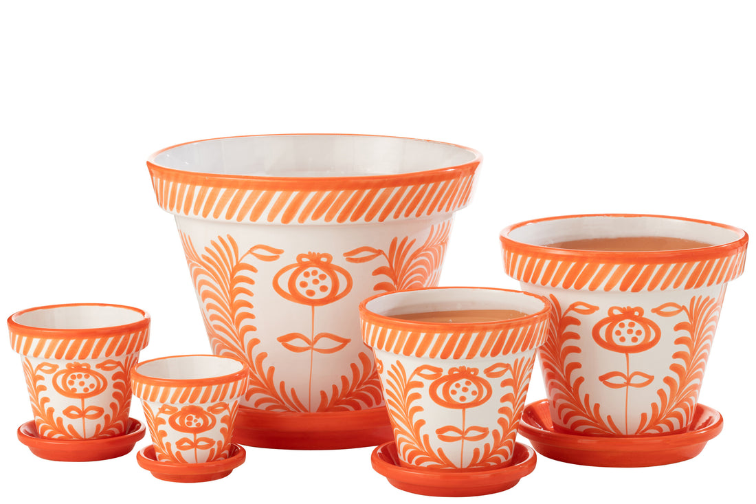 Bloempot + Bord Granada Handgemaakt/Handbeschilderd Keramiek Oranje/Wit Extra Groot
