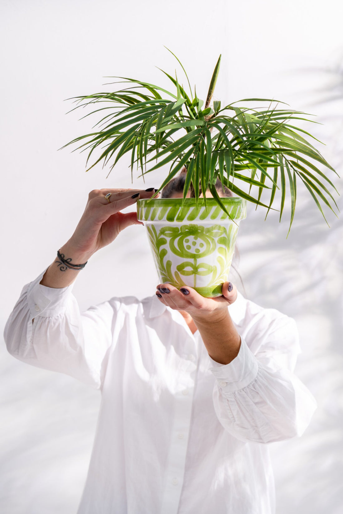 Bloempot + Bord Granada Handgemaakt/Handbeschilderd Keramiek Groen/Wit Klein