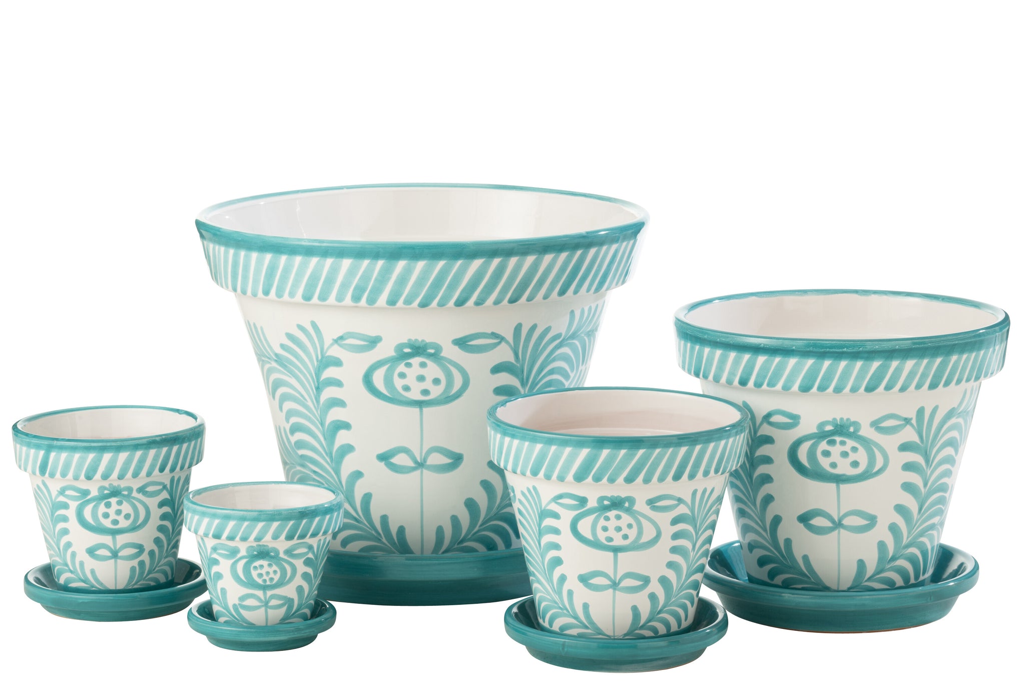Bloempot + Bord Granada Handgemaakt/Handbeschilderd Keramiek Aqua/Wit Extra Groot